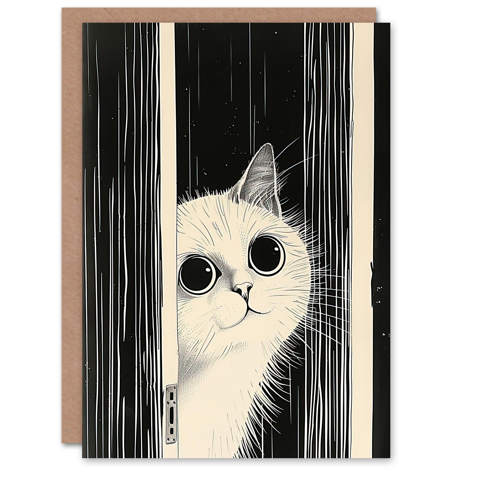 Artery8 Greeting Card Cute Kitty Black White Cat Lover Pet Painting Blank For Him Or Her Art Birthday Card