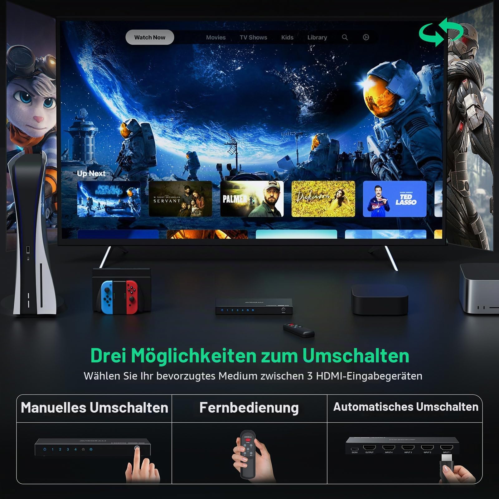 HDMI Switch 4K 60Hz, AVIDGRAM HDMI 2.0 Umschalter 4 in 1 Out, 4 Port Selector Box with IR Remote Control Support HDCP 2.2 HDR10 3D 18Gbps Compatible with Xbox PS4 HDTV Monitor