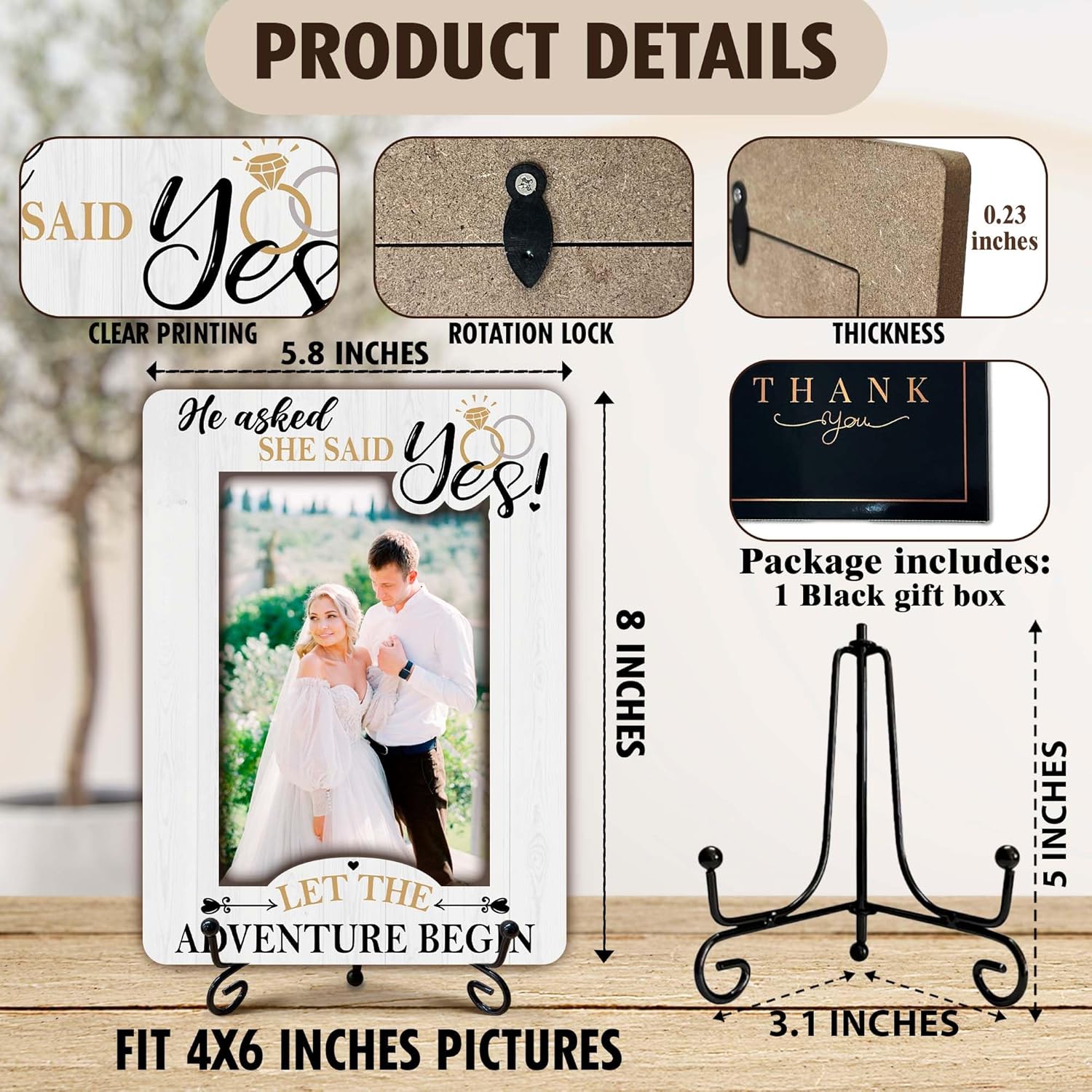 Engagement Gifts Picture Frame, He Asked She Said Yes Photo Frame, Wedding Engagement Gifts for Couples Newly Engaged, Desk Tabletop Decor for 4 x 6 Photo-B19 - Image 2