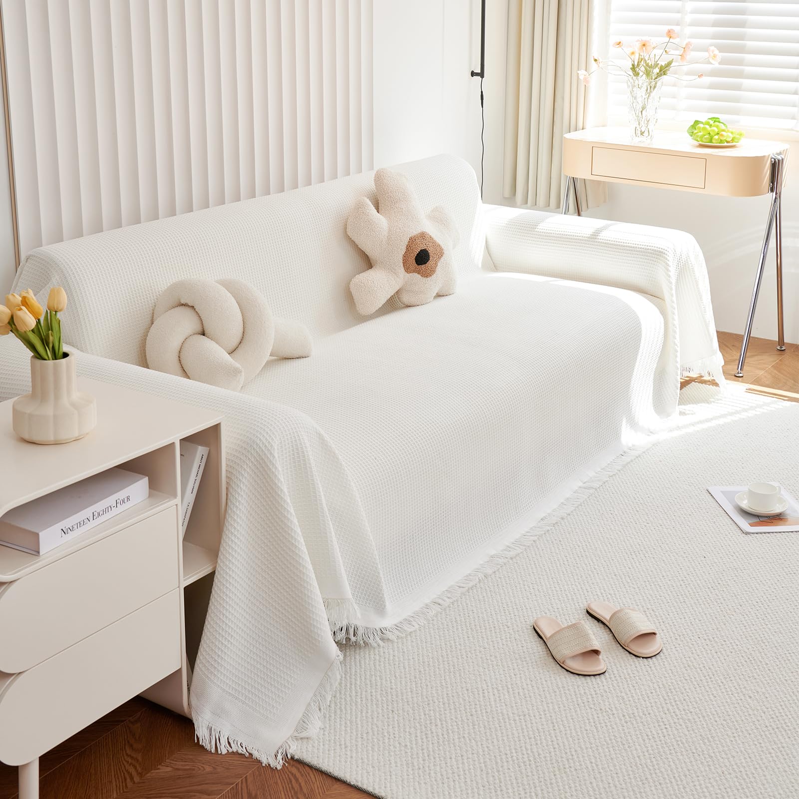 Manta de punto grueso para sofás y camas, manta reversible suave para sillones, decorativa y cálida, 180 x 420 cm, color blanco puro