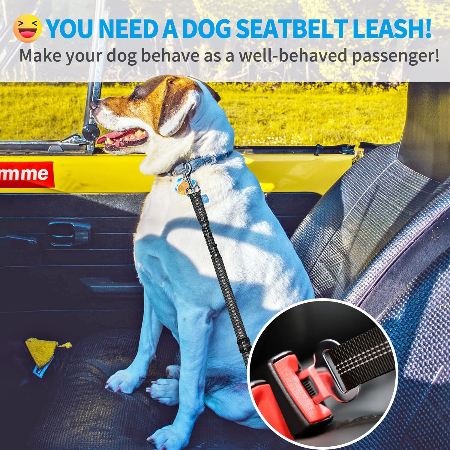 WapaW Pet Car Seat Belt - Car Harness for Dogs Adjustable Safety Seat Belt for Car. Durable Nylon Reflective Elastic with Bungee Buffer for Shock Attenuation (Bungee CAR Belt_Pack of 1, Black/Grey) 3