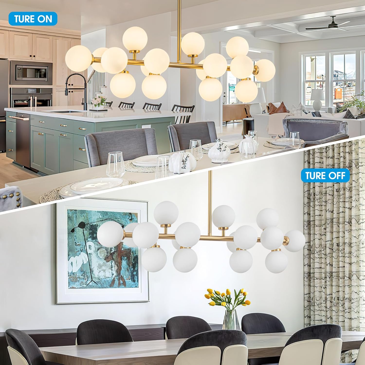 Modern Gold Chandelier Rectangle Pendant Light Sputnik Chandeliers Hanging Light Fixture 16-Light