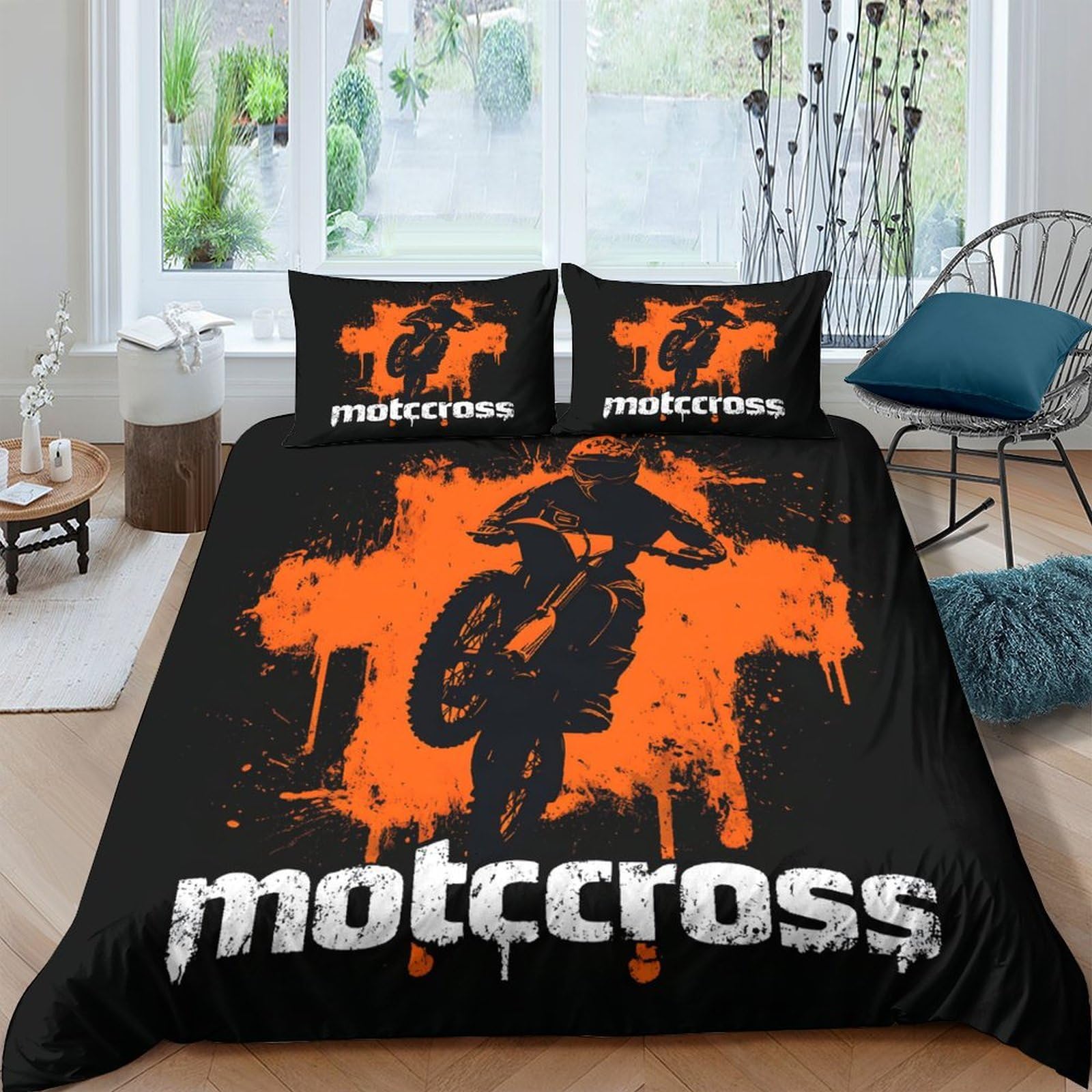 GPLZQXKJNH 3D Printed Motocross Orange Splash Duvet Cover Microfiber Bedding Set with 2 Pillowcases for Bedroom Decor Single（135x200cm）