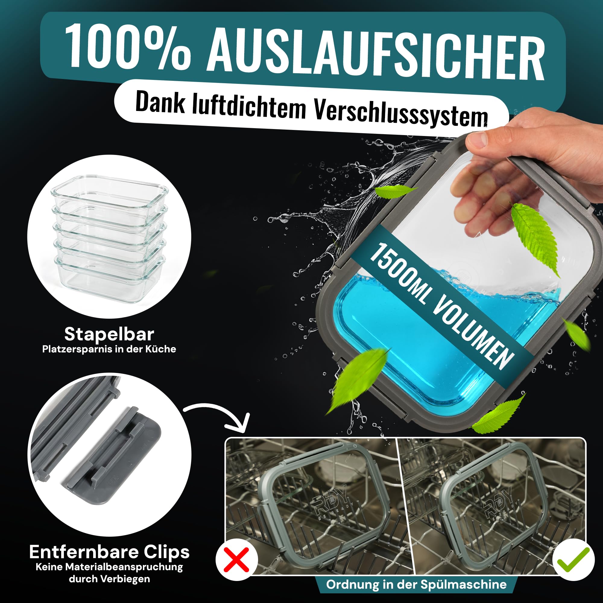RDY® Meal Prep Set di 5 scatole in vetro ermetiche da 1500 ml, per forno a microonde, forno, congelatore, contenitori salvafreschezza con coperchio, senza BPA, lavabili in lavastoviglie