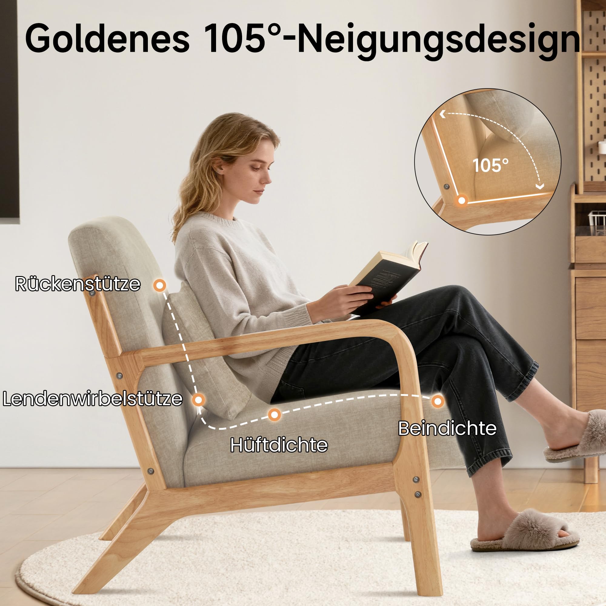 2er-Set Accent Sessel mit Kissen, Moderner Polstersessel für Wohnzimmer,Lounge-Stuhl mit Armlehnen&Holzrahmen, bequemer Lesesessel, Stoff Hellgrau