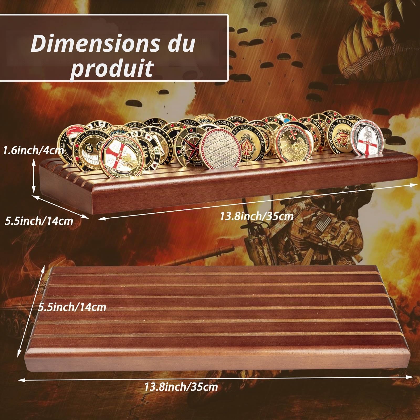 Challenge Coins Présentoir en bois massif 6 rangées Rack Case