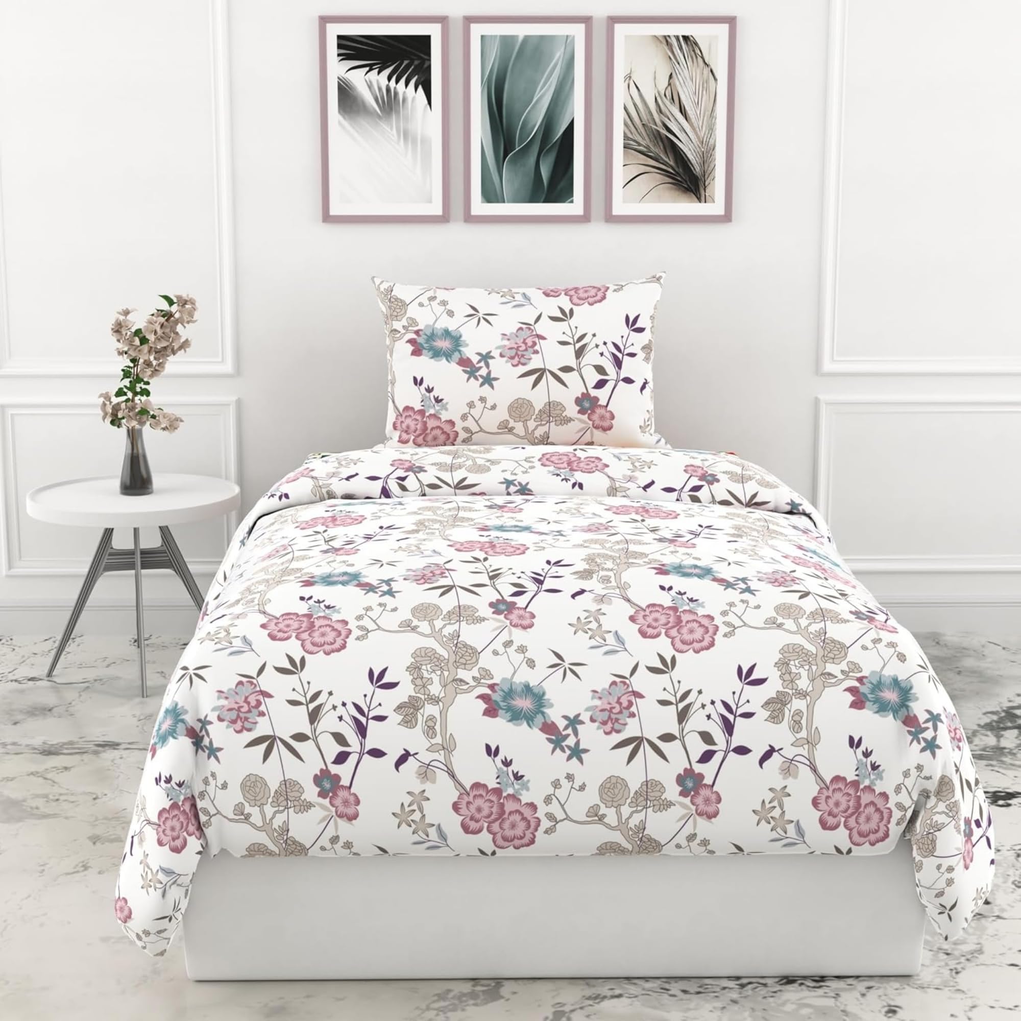 LORETO - A QUALITY LINEN BRAND 100% Pure Cotton Bedsheet for Single Bed, 144TC Soft & Breathable Single Bed Sheet with Pillow Cover (Blush Pink & Teal Floral Vines, 54 x 84 Inches)