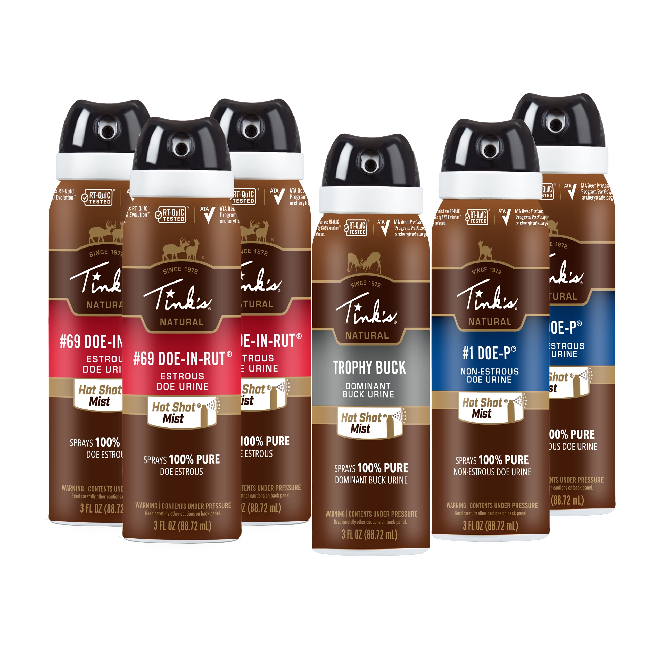 TINK'SHot Shot Mist Deer Lure Value Pack | 6 Pack 3 oz. Cans | Hunting Accessories Doe Estrus Scent Lure Hot Pack Includes (3) #69 Doe-in-Rut, (2) #1 Doe-P & (1) Trophy Buck
