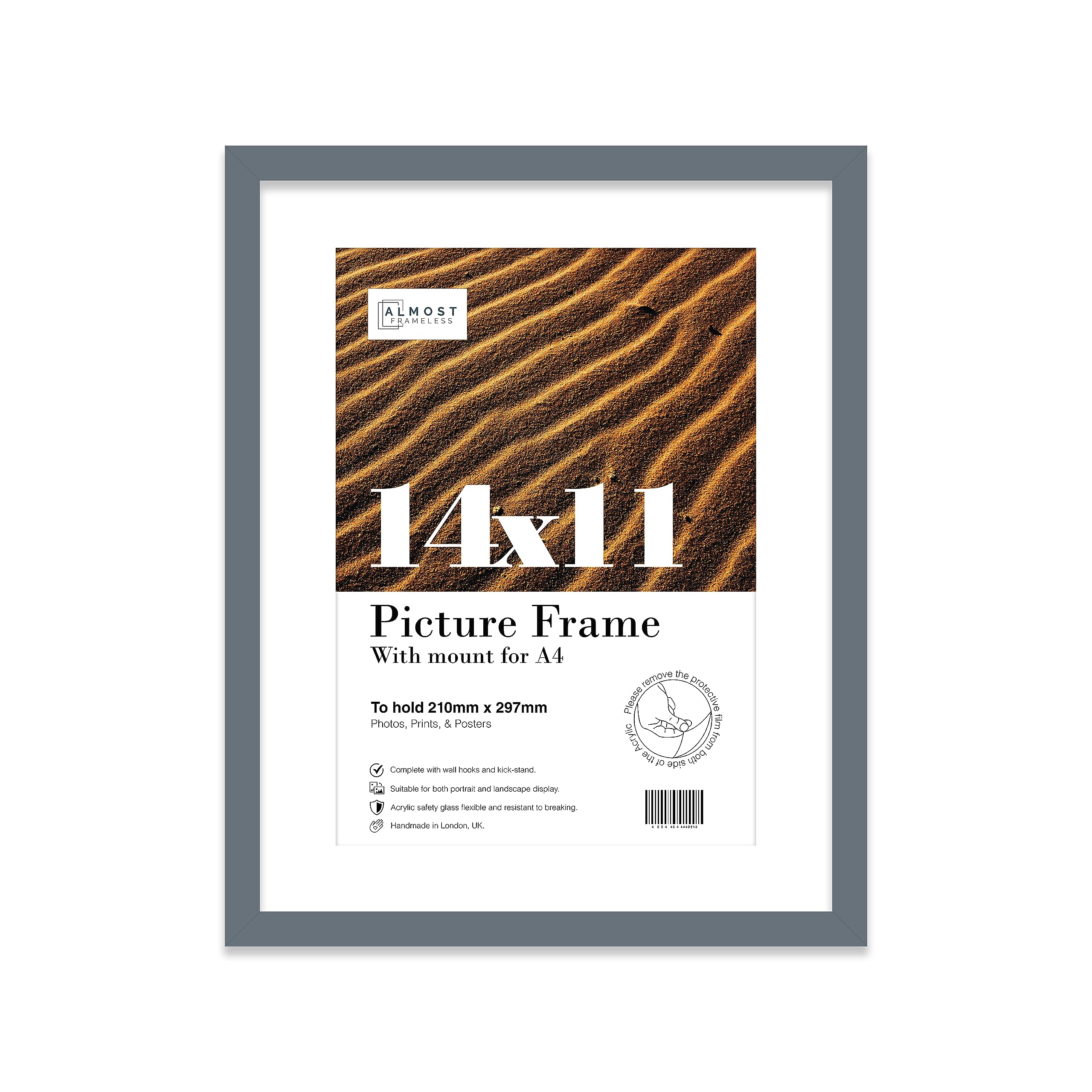 Almost Frameless 14x11 Grey Picture Frame With Mount for A4 Print, Poster or Photo Poster, Photo, Artwork, or Print. Thin Edge Slim Frame Portrait and Landscape Display with Wall Hooks