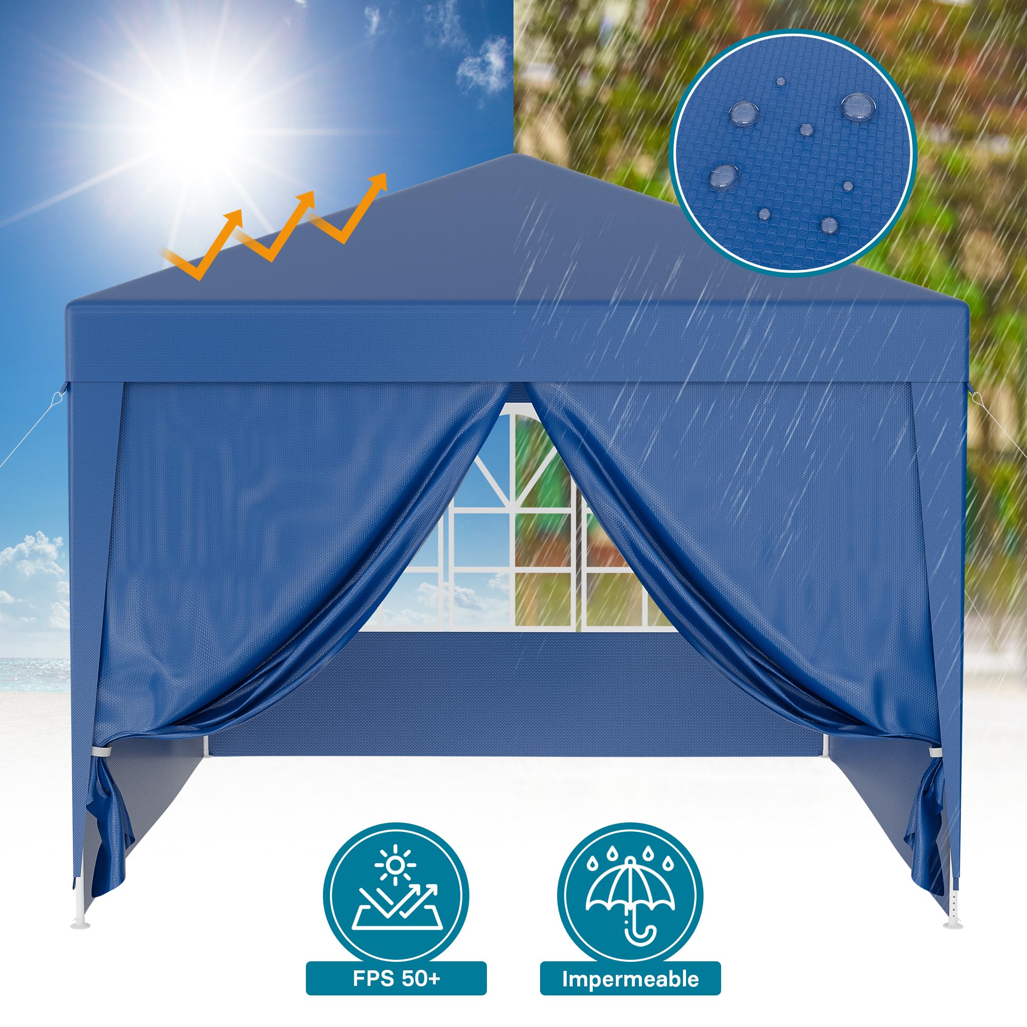 Wiltec Carpa de jardín 3 x 3 m Azul con protección UV 50+, Gazebo con Laterales enrollables, pabellón para Fiestas con Ventanas, Ideal para terrazas y Festivales