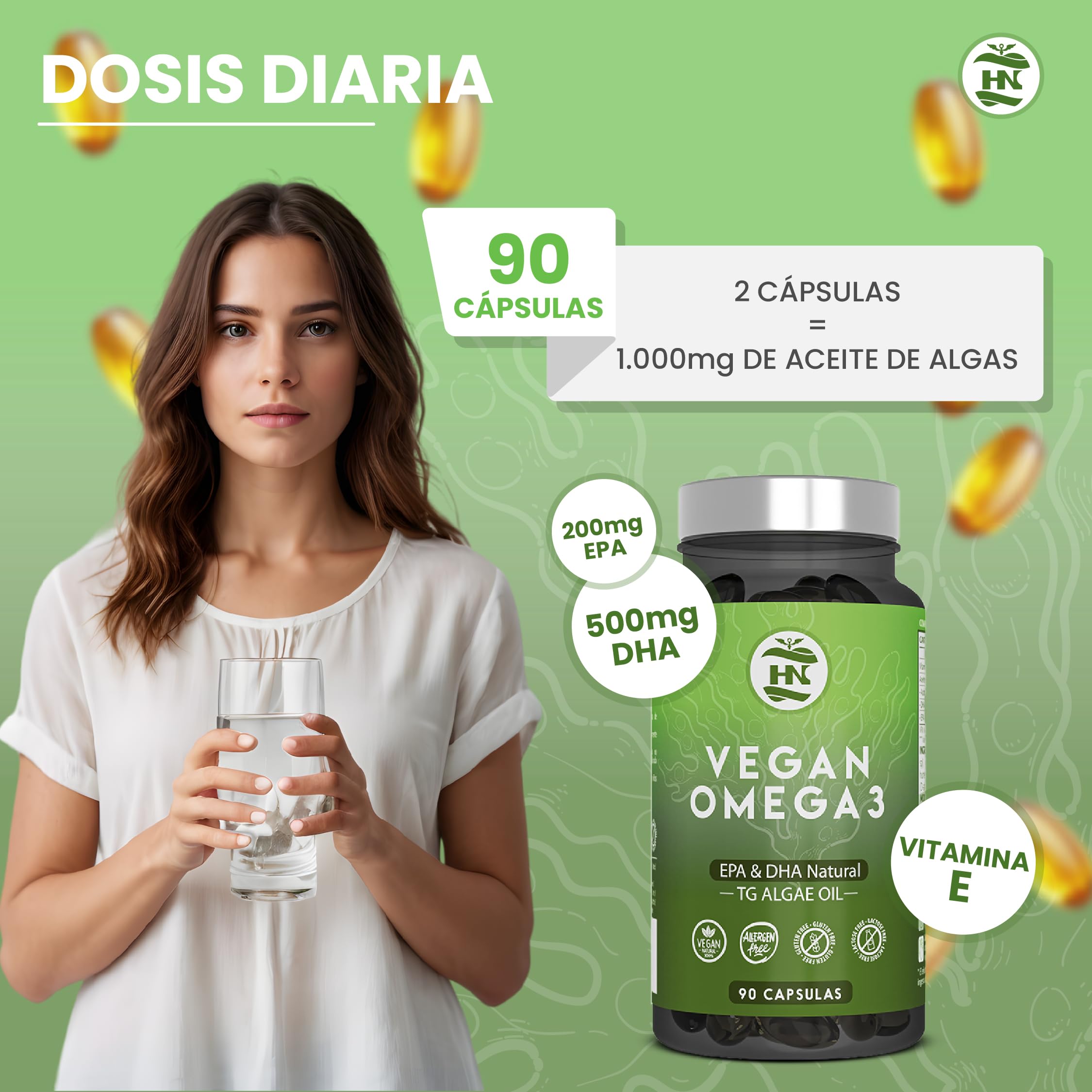 Omega 3 Vegano de Algas (90 Caps) Omega-3 Aceite de Algas equilibrado con DHA y EPA, Omega3 Algas Marinas con Vitamina E, Ideal para Cerebro y Corazón, Suplemento para Veganos-Vegetarianos (4 Botes)