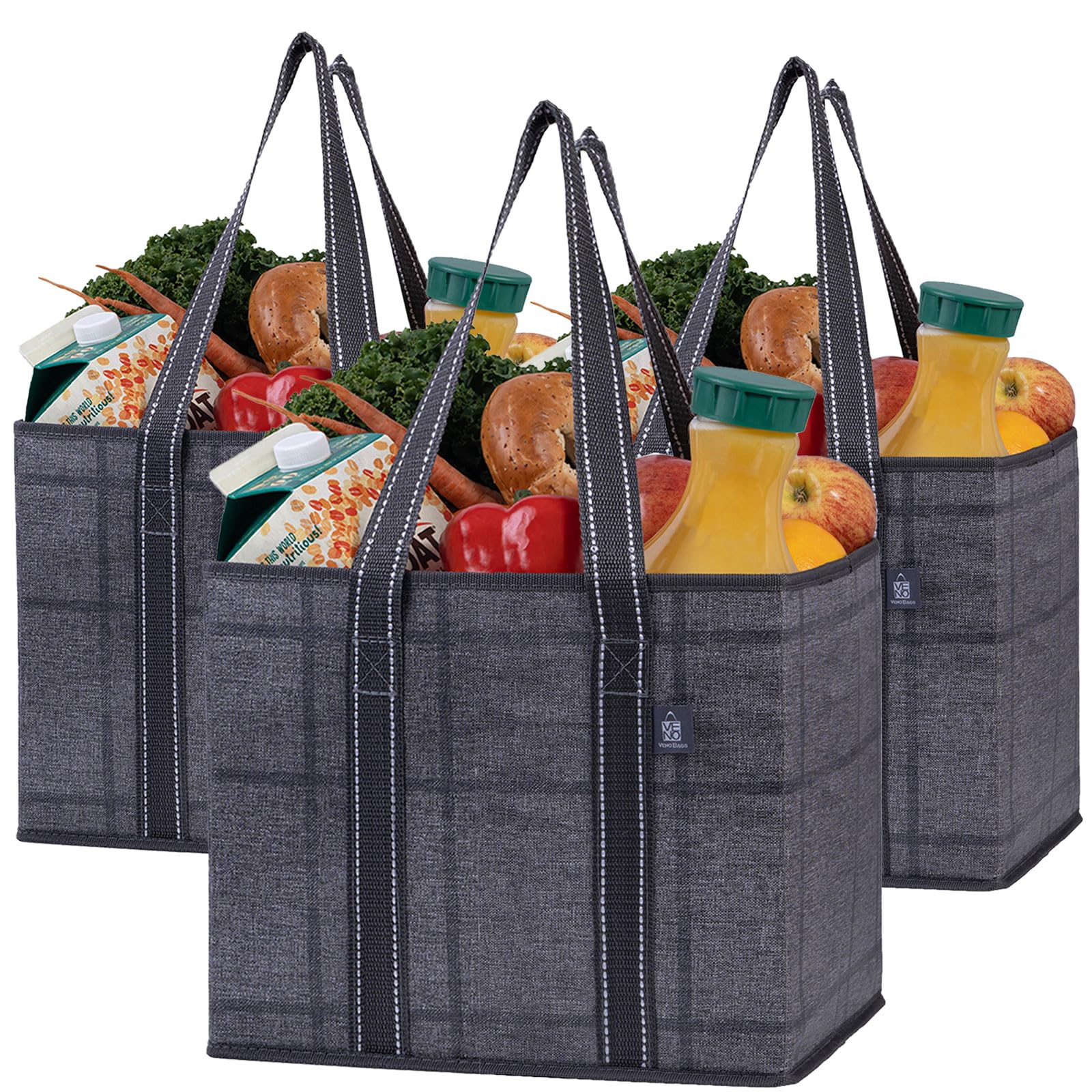 VENO 23,5 Liter große Einkaufstasche Faltbar, Gewebe Faltboxen mit verstärktem Boden, Wiederverwendbare Einkaufstaschen, Hält Bis Zu 15 kg Tragetasche (Schwarzes Fenstertuch, 3er Pack)