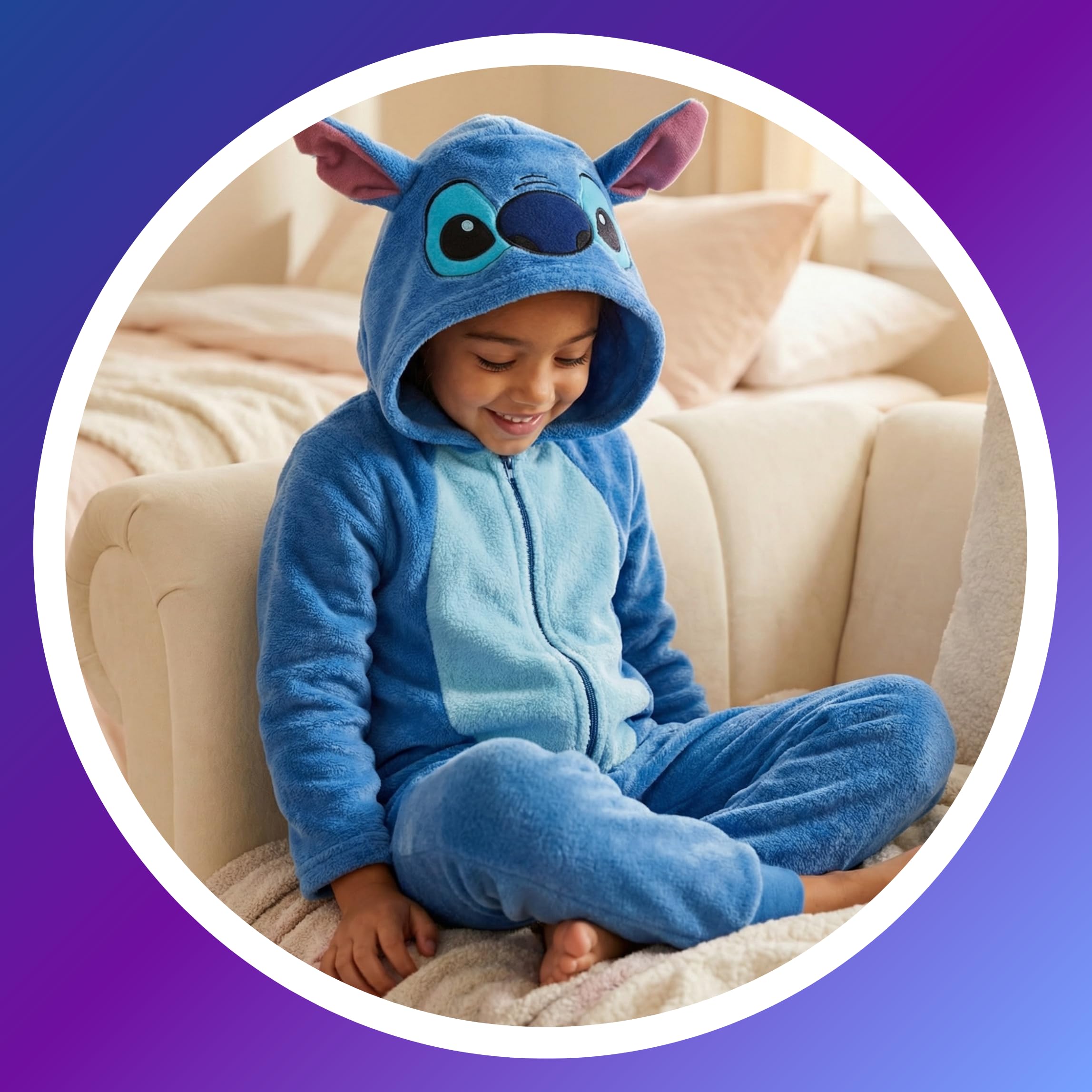 Disney Stitch Pyjamas pour Filles, Pyjama Une Pièce en Polaire Douce à Capuche 3D pour Enfants, Tailles 3 à 8 Ans