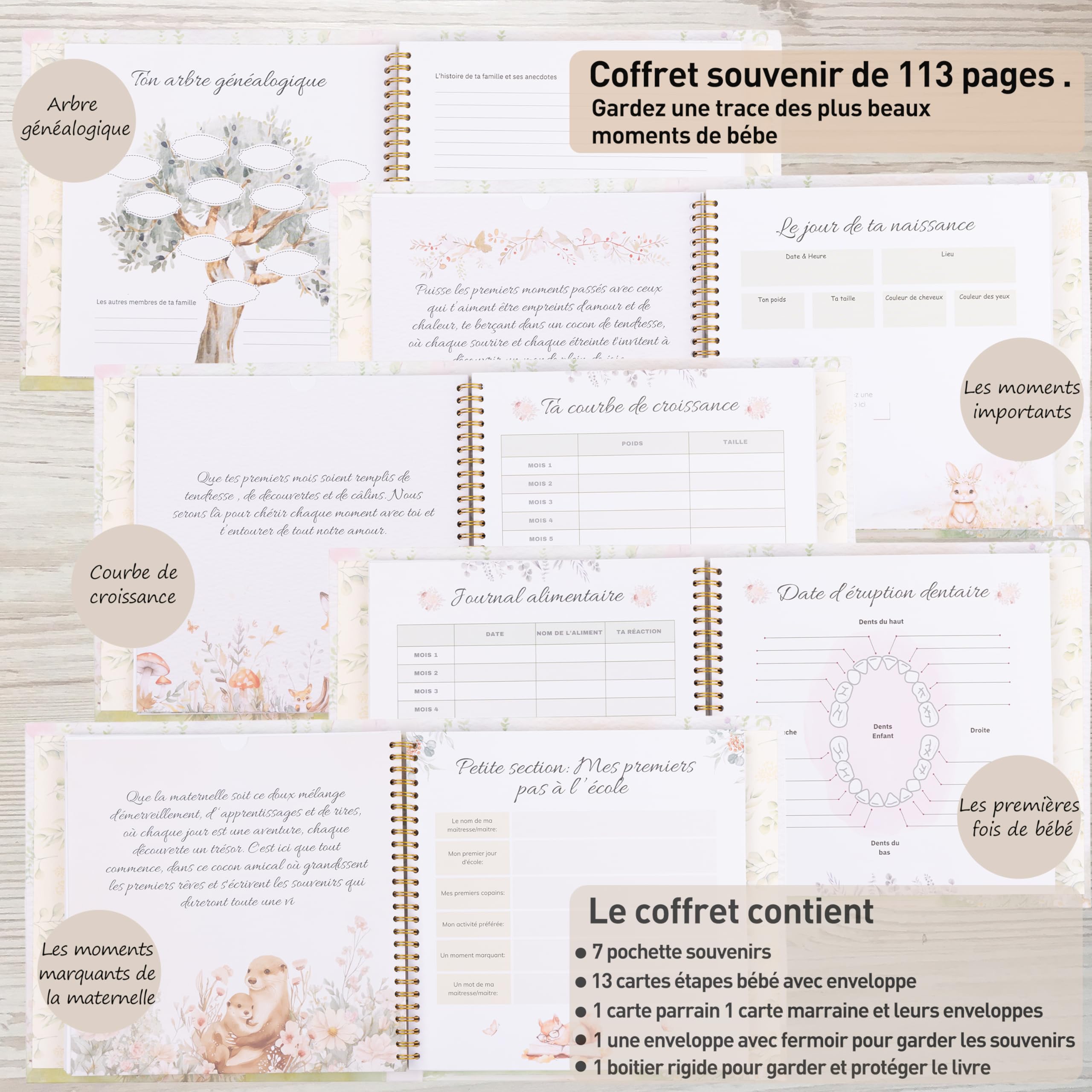 Libro de nacimiento para bebé (113 páginas, 13 cartas, mes al mes, bebé, 2 tarjetas, incluye el anuncio de padrina