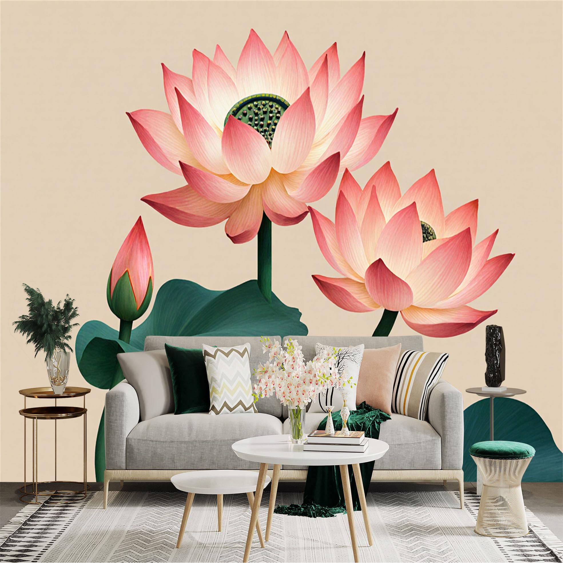 Custom Size Wall Sticker Mural， Pink Lotus Flowers， Serene Zen Plant， Elegant Floral Art， Artistic Botanical Bloom， for wall Decoration， peelandstick wall Decals.