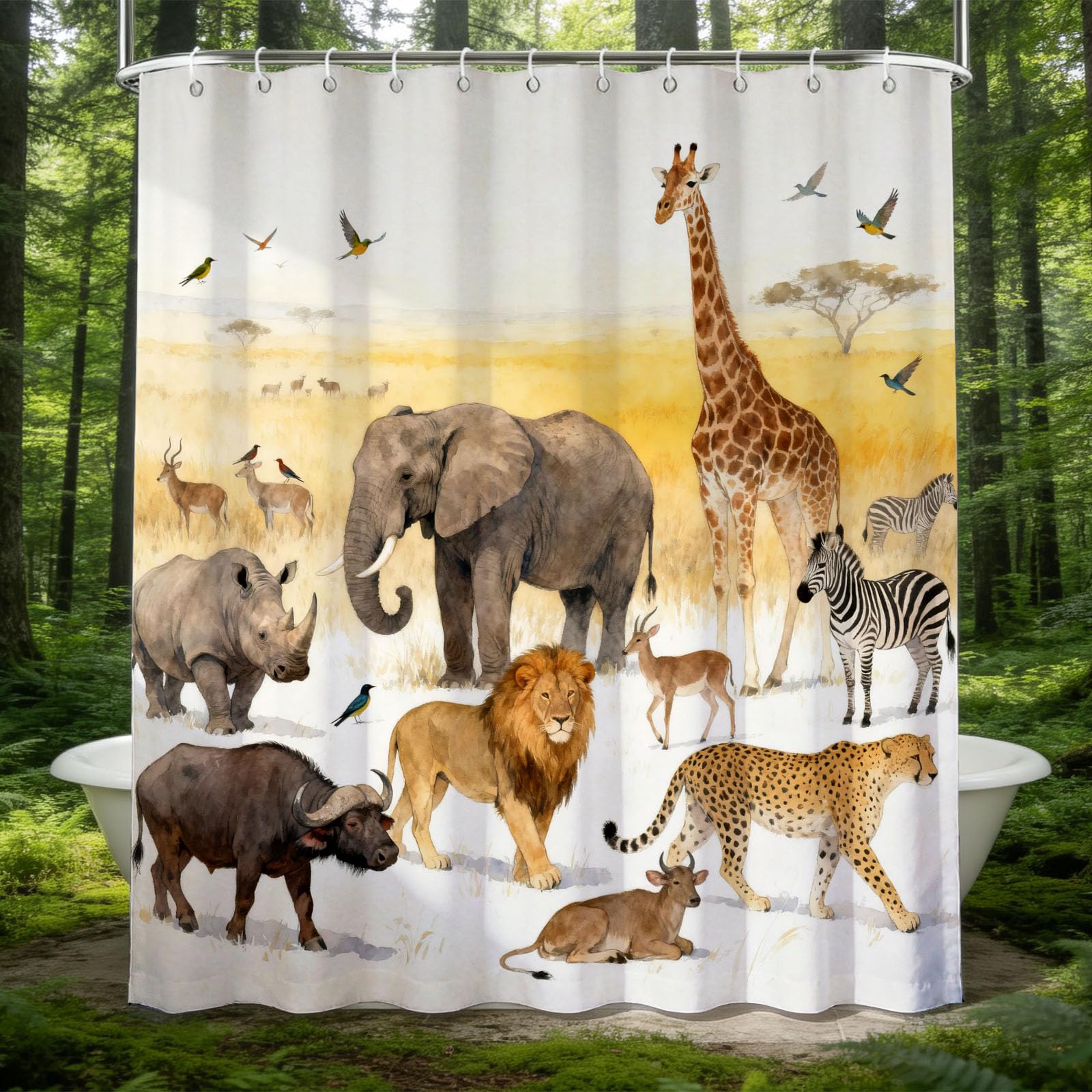 Rideau de douche 180x180 motif faune des prairies en tissu polyester