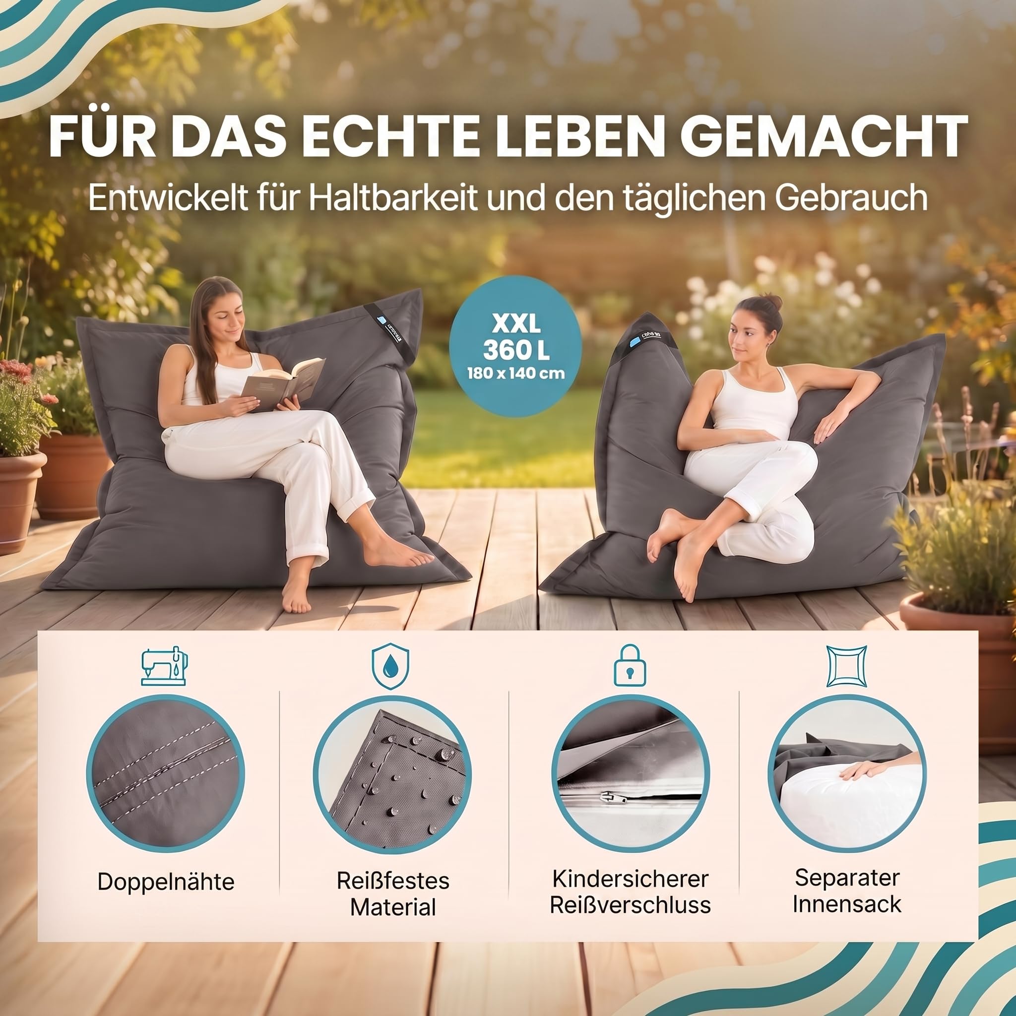 LAZY BAG Riesen-Sitzsack Classic XXL 140x180 cm | Sitzkissen 2-in-1 für relaxtes Sitzen & Liegen | Bequeme Indoor & Outdoor 4 Mio. EPS-Perlen für perfekte Ergonomie | waschbarer Bezug
