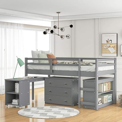 Cama tipo loft individual con escritorio de estudio bajo cama tipo loft para niños con cajones de almacenamiento cama tipo loft baja para niños cama