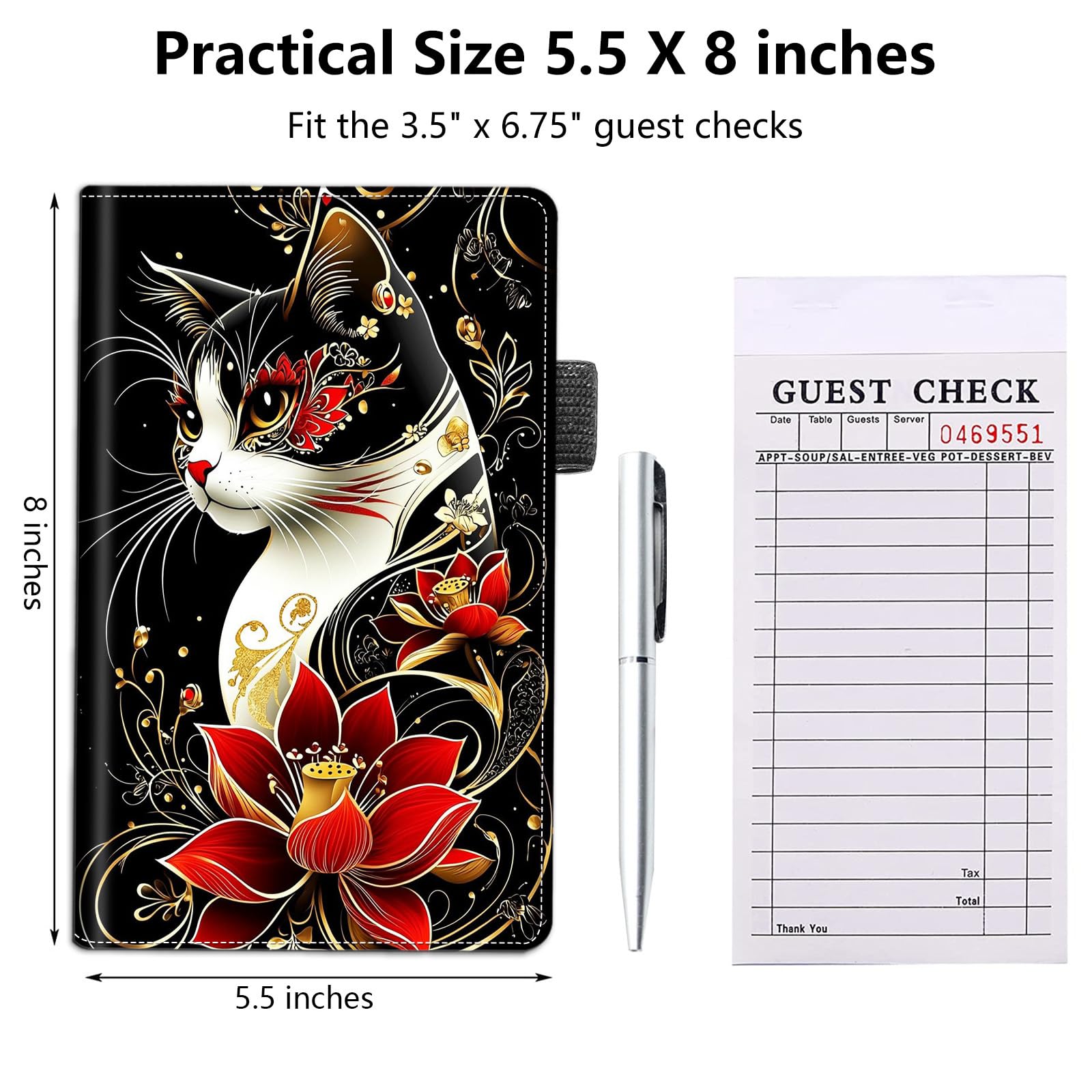 Server Book for Waitress,5.5x8 Inch - Waiter Book with Zipper Pocket,Pen Holder & Cash Compartments,Waterproof PU Leather Guest Check Organizer for Tips,Cards, Receipts,Japanese Style cat