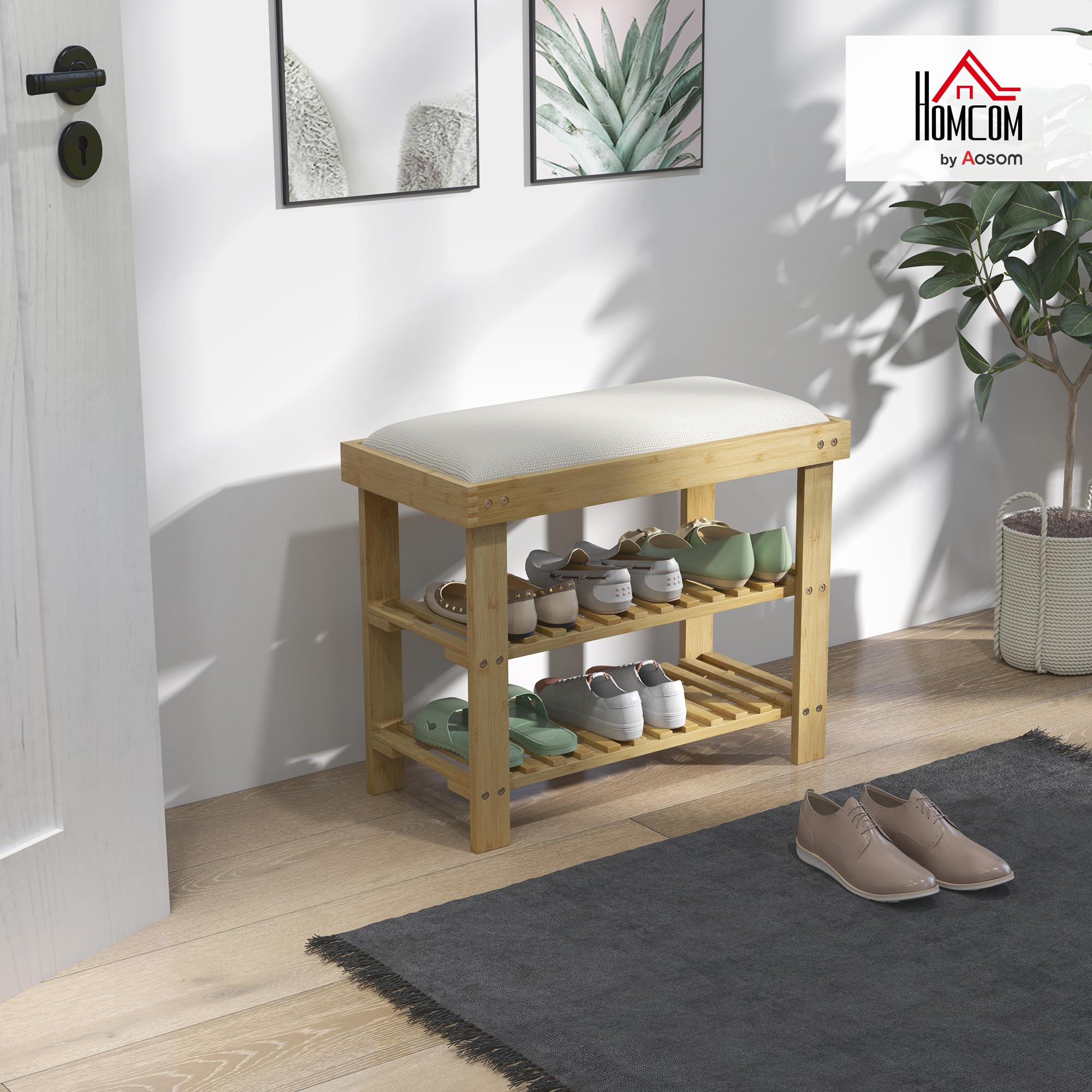 HOMCOM Banc à Chaussures en Bambou 60 x 29 x 49 cm, Crème et Bois Naturel | Étagère à Chaussures à 3 Niveaux, Style Scandinave, Banc de Rangement, pour Entrée, Salon, Chambre, Charge 150 Kg