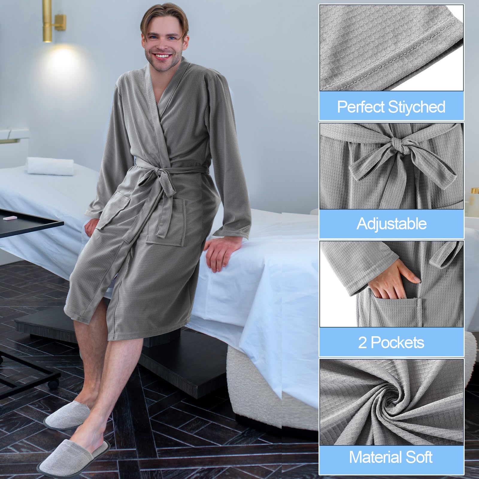 Handepo Set di 6 accappatoi da bagno a nido d'ape, leggeri, con pantofole, asciugamani per capelli, accappatoi in maglia per lui e per lei