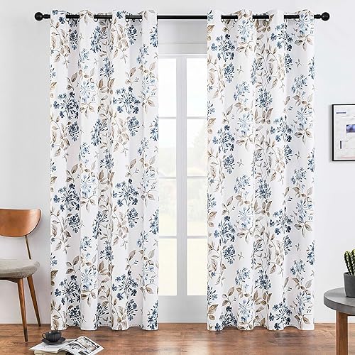 Miniatura 2 de Rscn Cortinas florales de 84 pulgadas de largo, juego de 2 paneles de cortinas con patrón azul, cortinas de oscurecimiento de habitación, cortinas