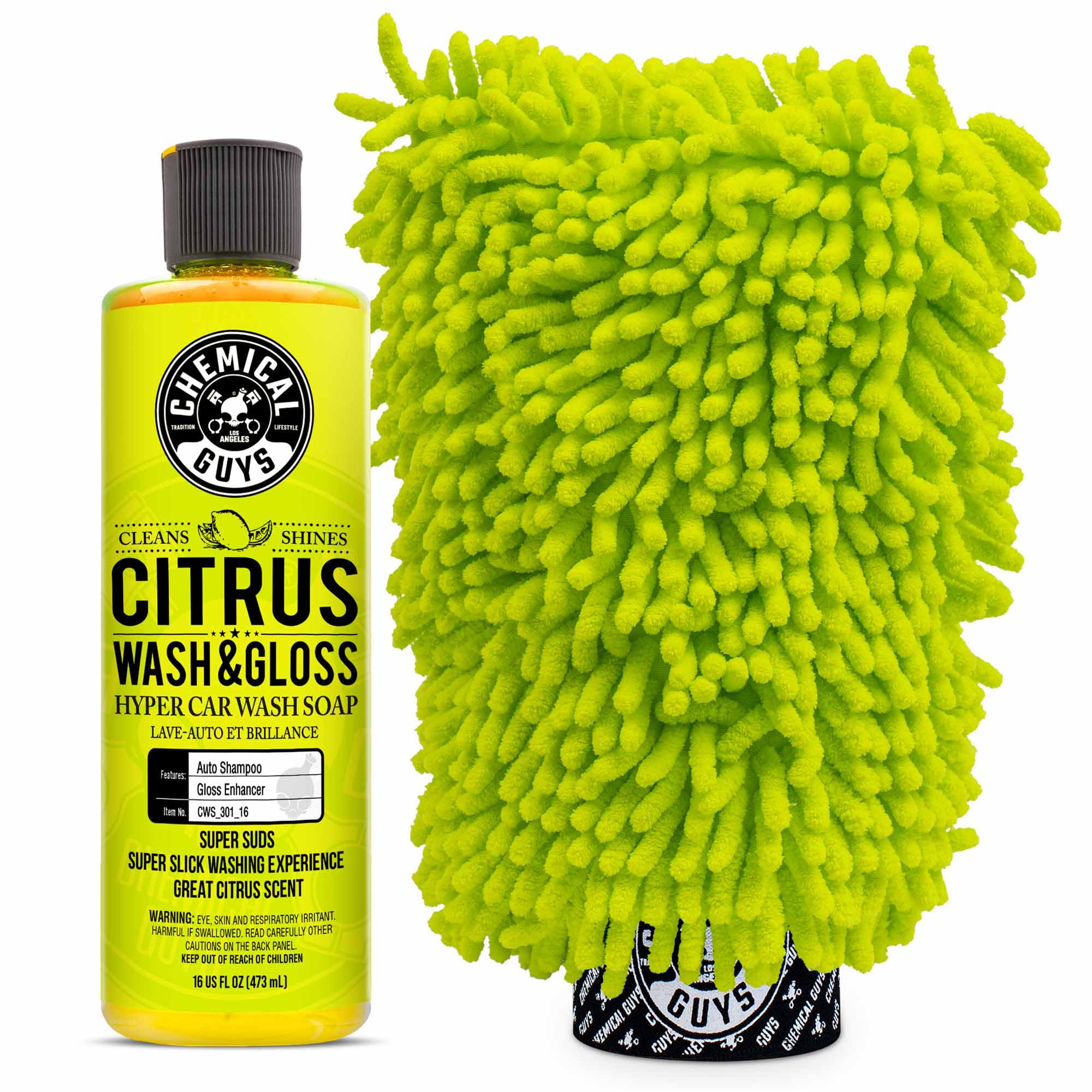 Chemical Guys CWS_301_16M Car Wash Starter Bundle - Citrus Wash & Gloss Foaming Car Wash Soap, 16 oz, Citrus Scent + Green Chenille Wash Mitt (2 Items) Works on Cars, Trucks, SUVs, RVs & More