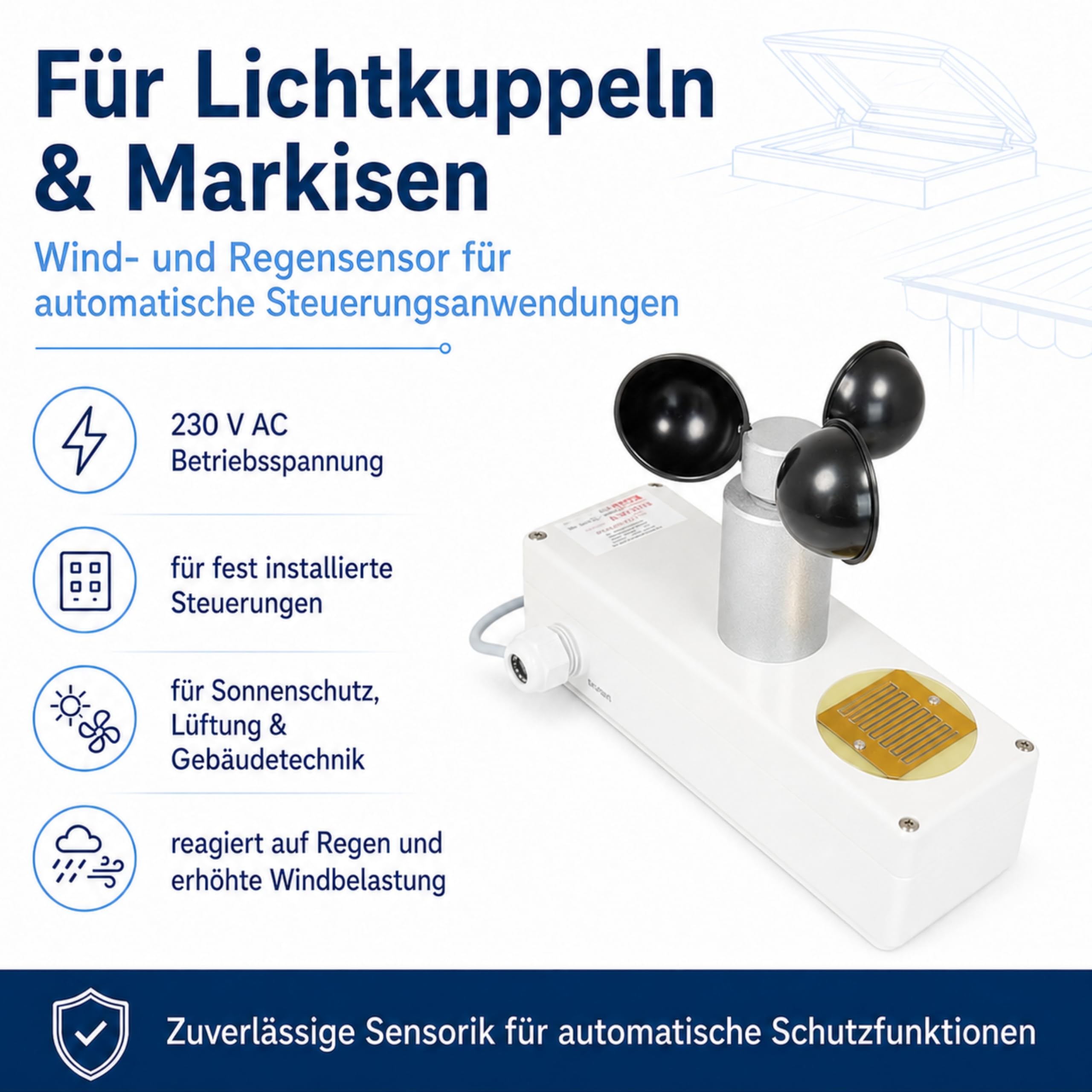 Wind und Regensensor Typ-Europa / 230V Sensor-Kombination mit beheizter Regenfühlerfläche - einstellbarem Windschaltpunkt - Masthalterung für Lichtkuppeln und Markisen