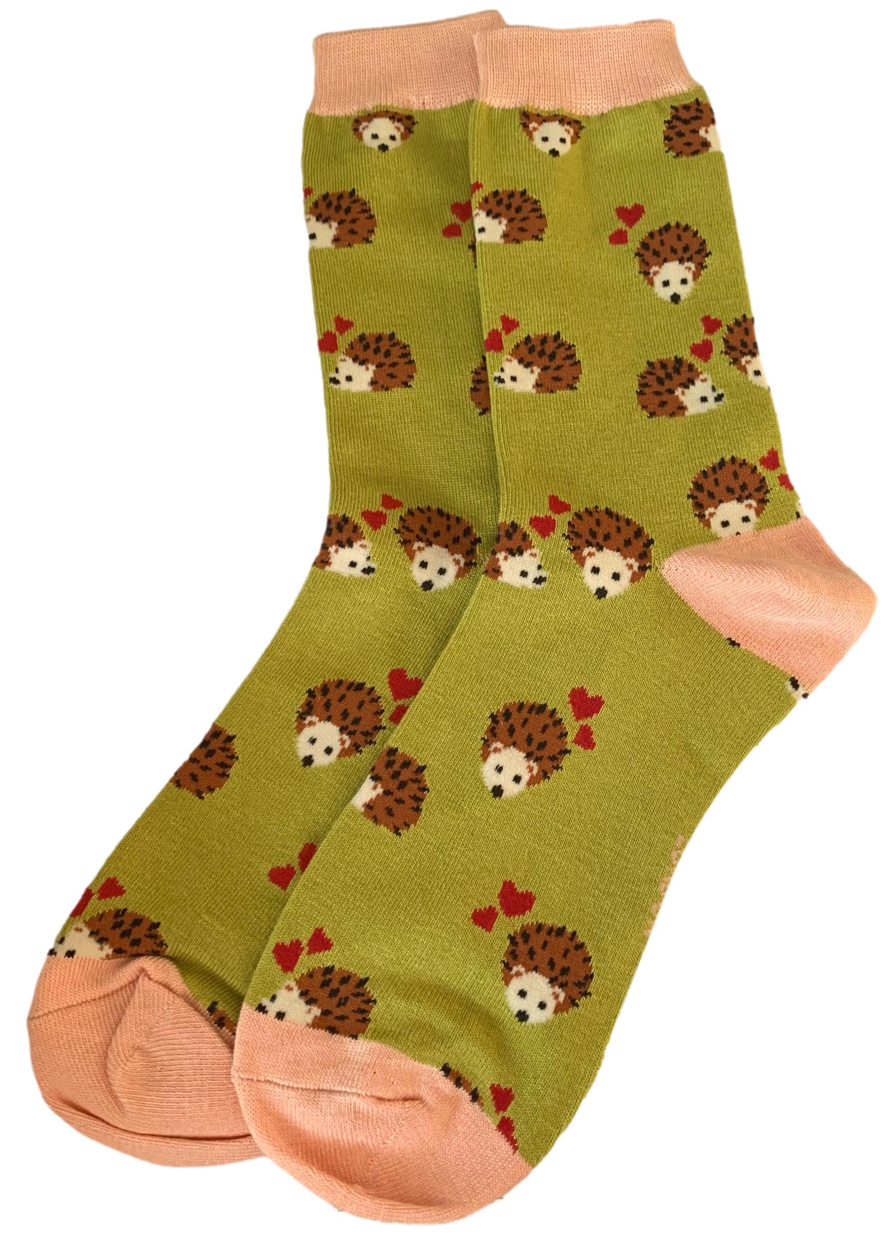 Purple Possum® Hedgehog Socks with Hearts Hedgehogs Lime Green Cotton Bamboo Women's Size 3-7