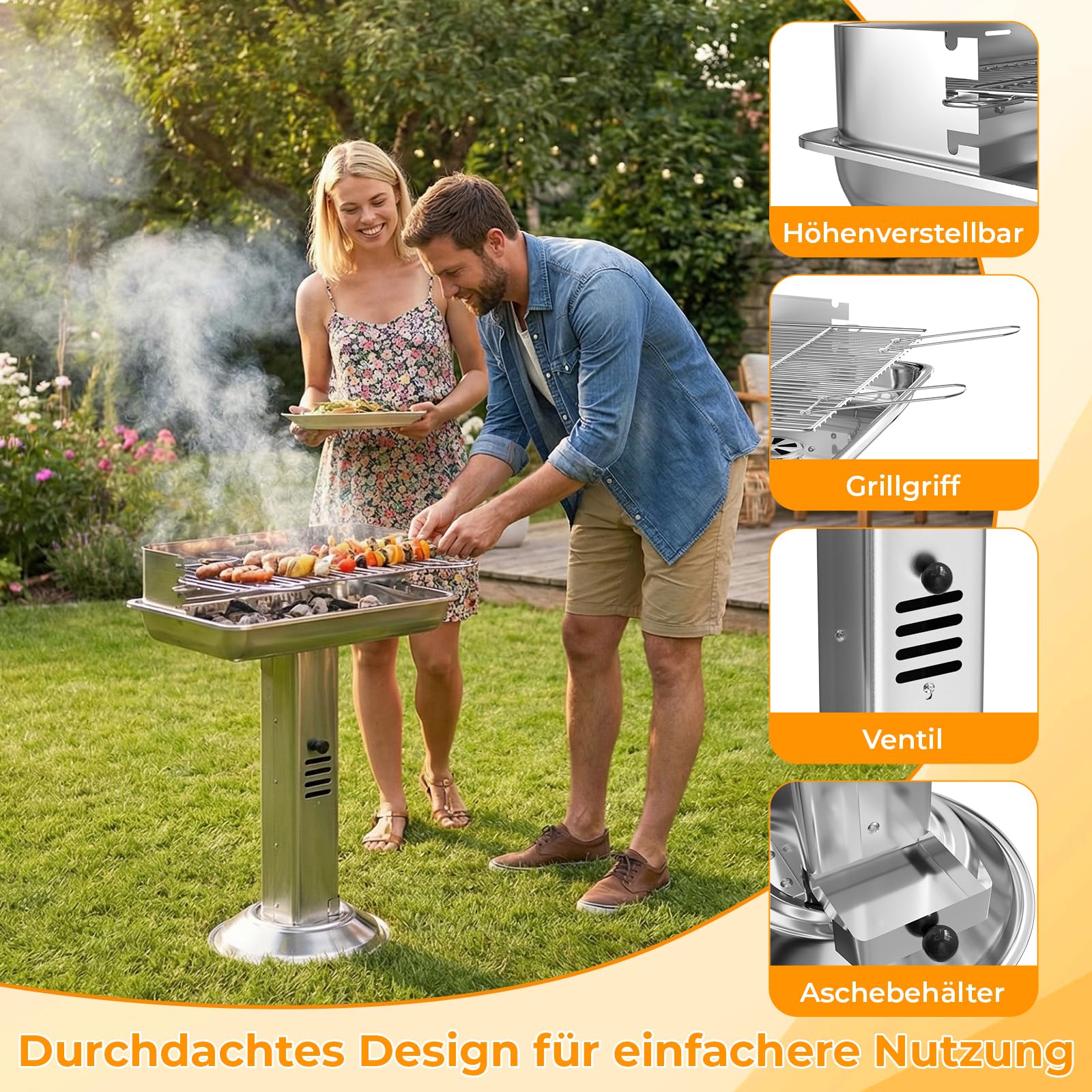 TLGREEN Barbecue à charbon de bois en acier inoxydable, Barbecue à colonne 52*32*84cm, Hauteur réglable en 3 directions, avec grille de chromée, ventilation et Cendrier, Plage, Outdoor, Camping, BBQ
