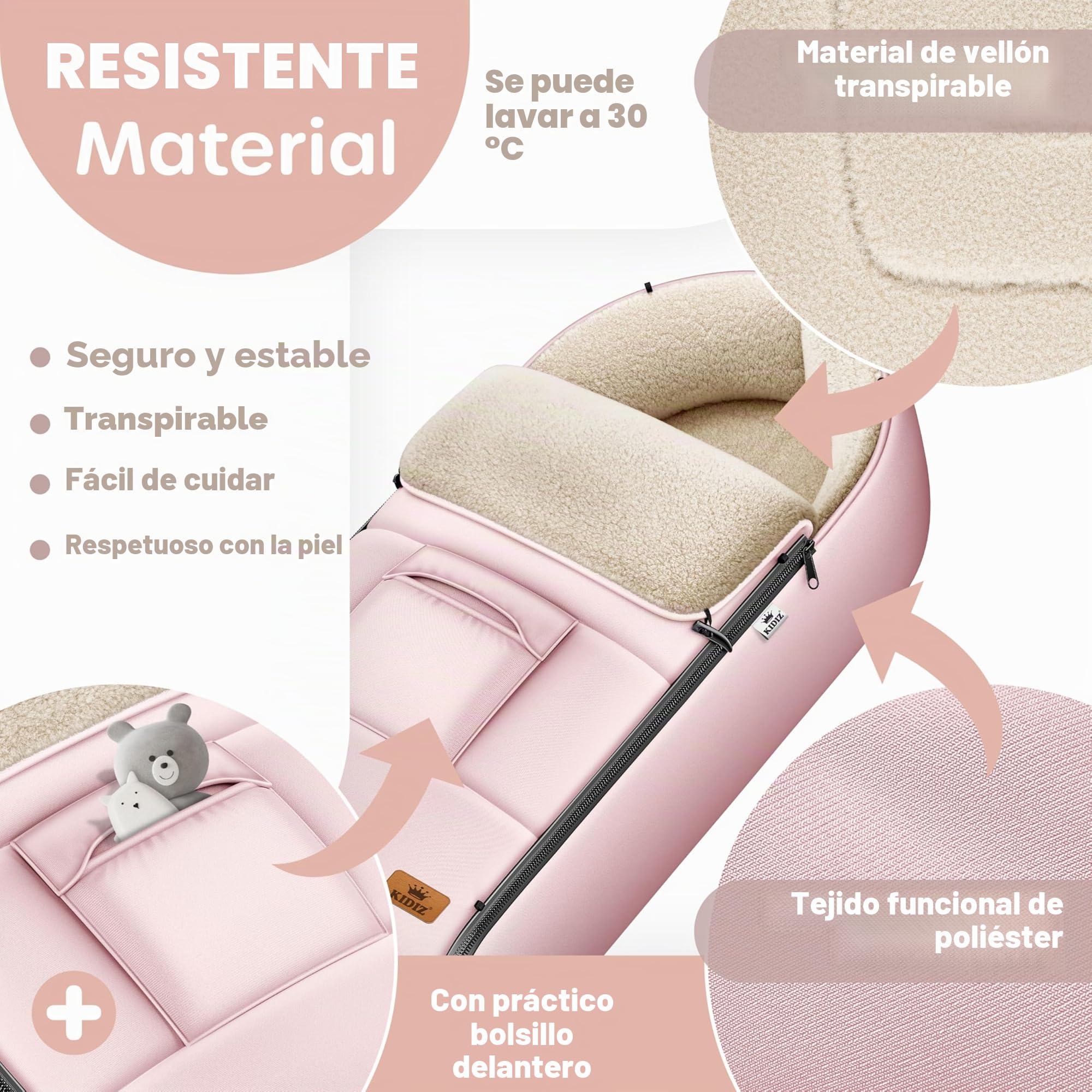 KIDIZ® Saco de Bebé de Invierno Con Cremallera, Peluche, Bolso, Manta Lavable Para Cochecito Con Cabecera, Apto Para Todos Los Cochecitos (Rosé Gold)