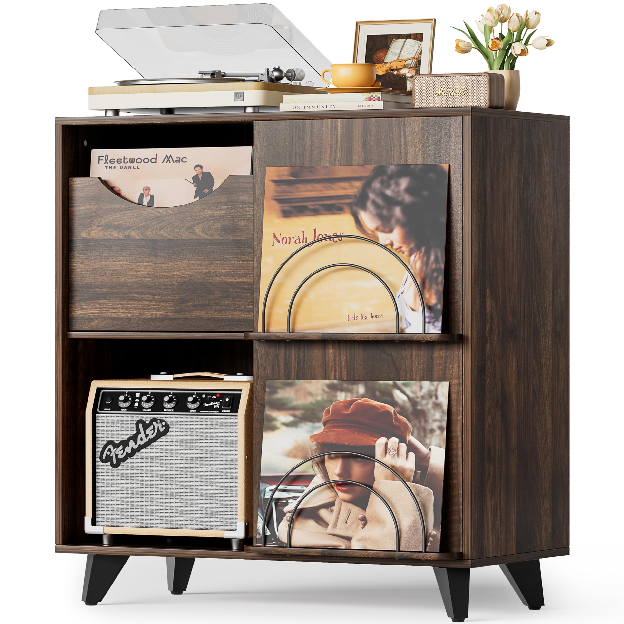 Bikoney Schallplatten Aufbewahrung mit Vinyl Display und 2 Schubladen – Holz Schallplattenständer Tisch und TV Schrank für Alle Plattenspieler und Lautsprecher, Plattenspieler Regal für Wohnzimmer