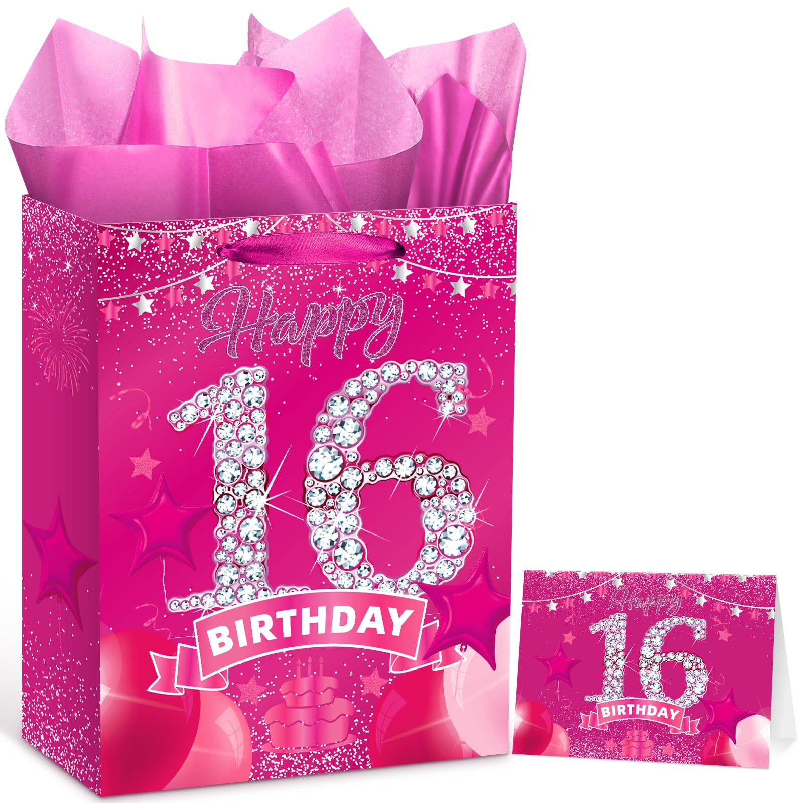 Yoirrat Geschenktüte Zum 16. Geburtstag – Roségold, 33x25x8 Cm, Inkl. Karte & Seidenpapier