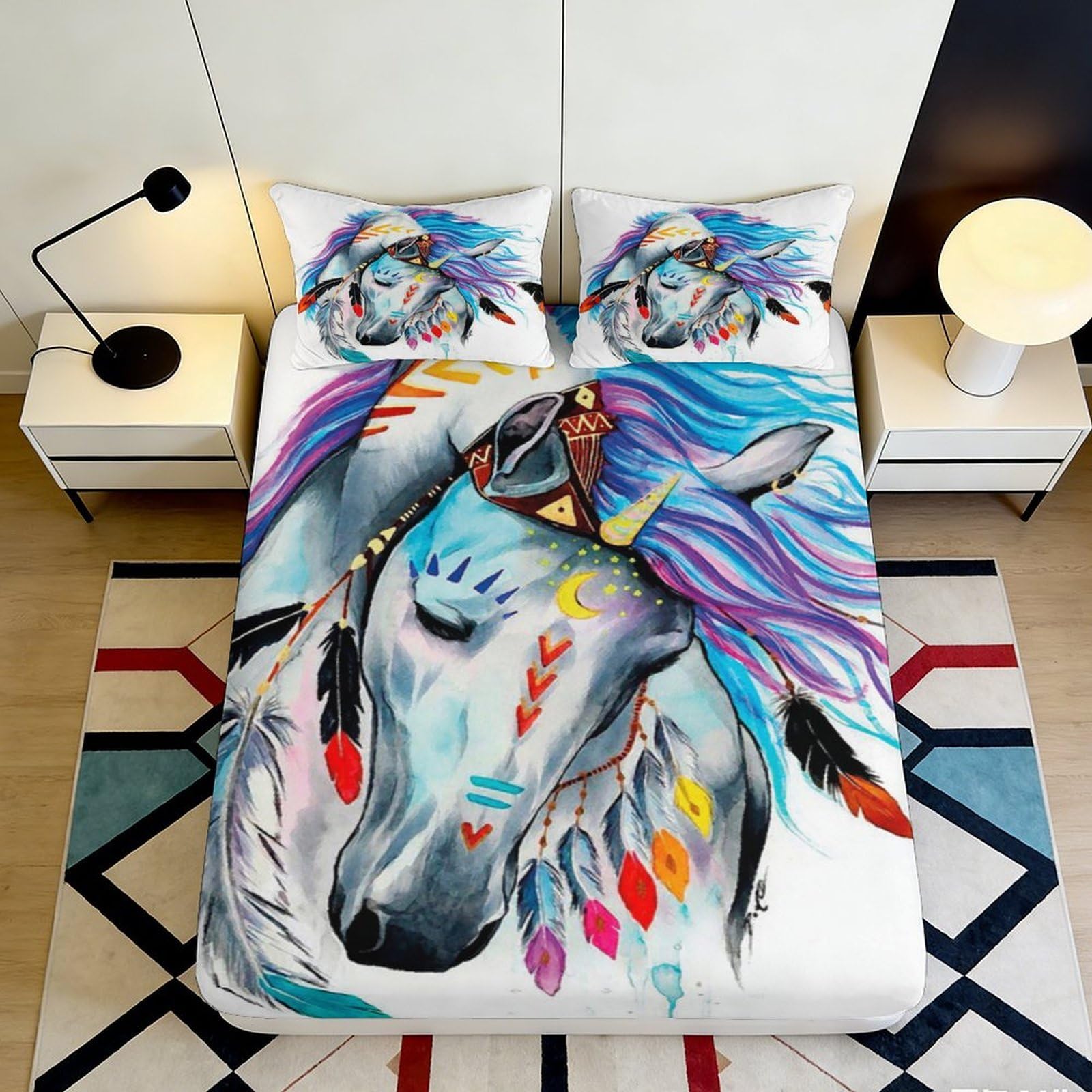 3D Printed Native Horse Fitted Sheet Microfiber Vibrant Dreamcatcher Bed Cover for Bedroom Dorm Decor 90x200x25cm