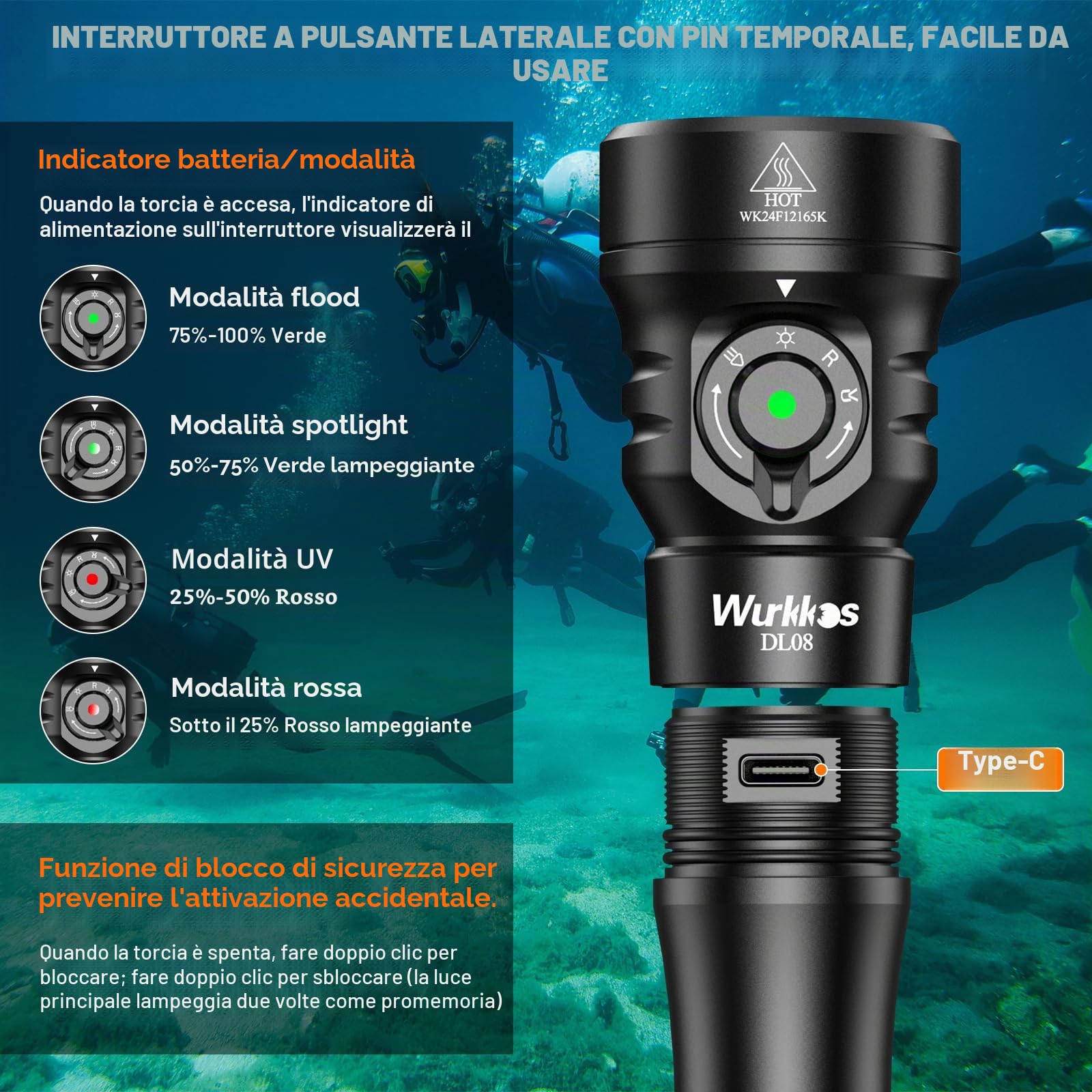 Wurkkos DL08 - Lampada subacquea 3600 lumen, portata 274 metri, luce rossa e UV, dimmerabile, modalità spot e inondazione, ricaricabile tipo C, IPX8 CRI 90