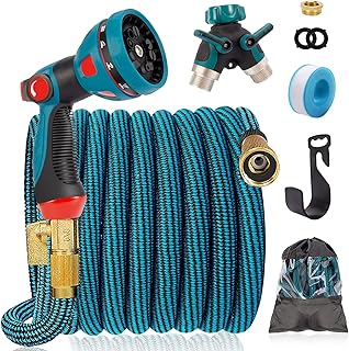 IDEALHOUSE 100FT Expandable Garden Hose, 10 Function Spray Gun with 3/4" Solid Brass Fittings, 2-Way Pocket Flexible Splitter, 3 Times Expanding Water Pipe No-Kink Flexible Water Hose
