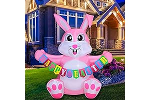 5 Feet Easter Inflatable Pink Bunny Holds HAPPY EASTER Banner Lighted Blow...