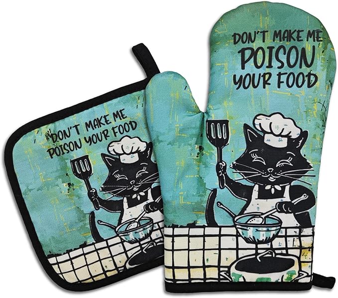 Funny Black Cat Oven Mitt and Pot Holders(Set of 2) Don't Make Me Poison Your Food Heat Resistant Silicone Non-Slip Oven Mitts Funny Kitchen Accessories Gifts for Chef Family Friend Hostess