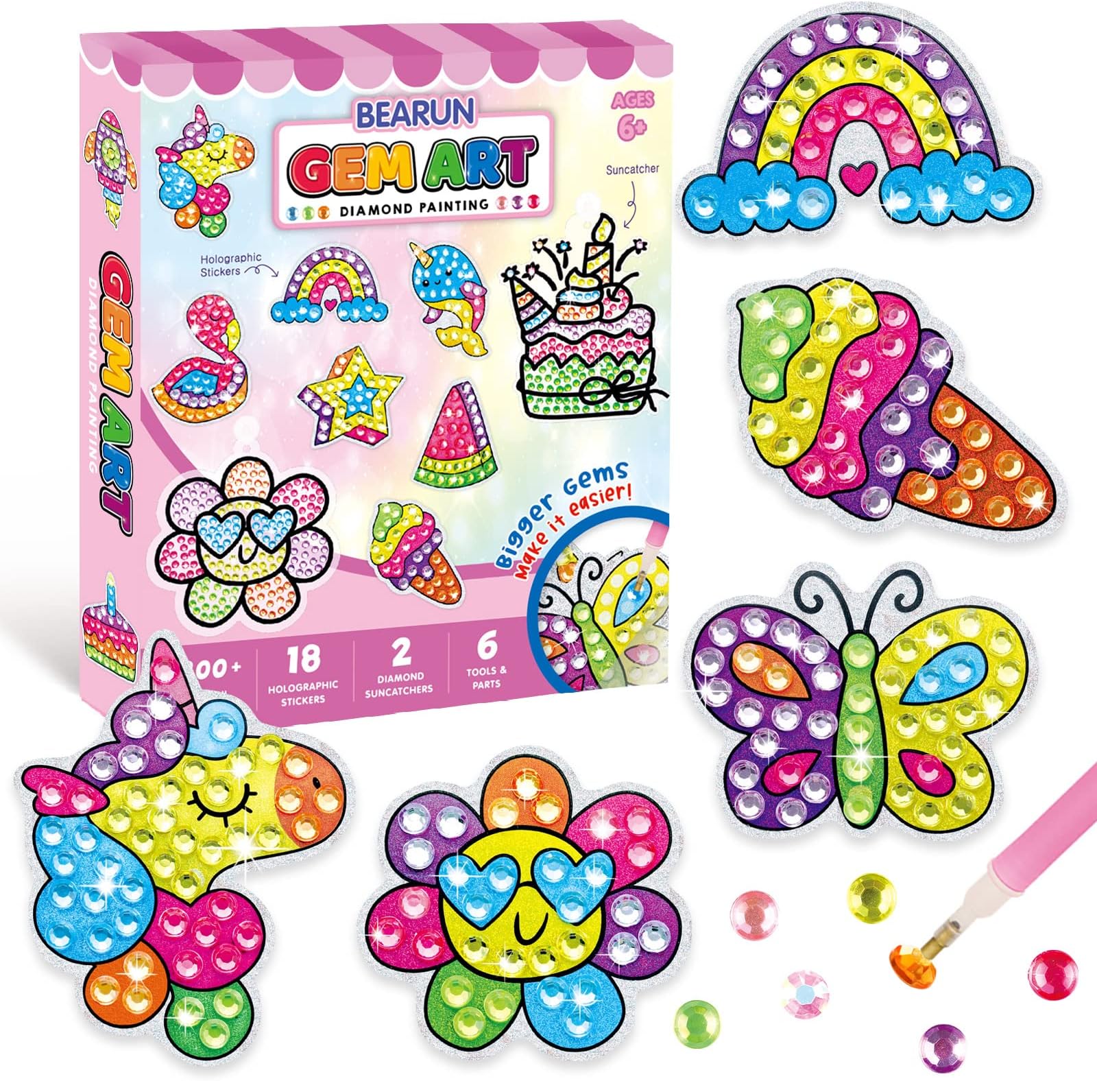 BEARUN Gem Art, Kids Diamond Painting Kit-Big 5D Gem, Arts and Crafts for Girls Ages 6-12, Create Your Own Magical Stickers and Suncatchers - Diamond Art Gift for Girls Ages 6, 7, 8, 9, 10-12, 6-8
