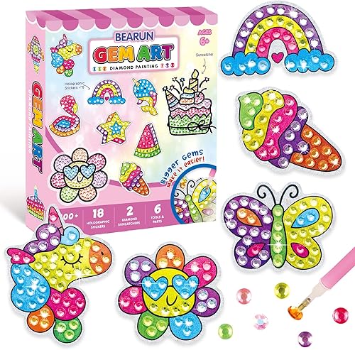 BEARUN Gem Art, kit de pintura de diamantes para niños, gran joya 5D, artes y manualidades para niñas de 6 a 12 años, crea tus propias calcomanías