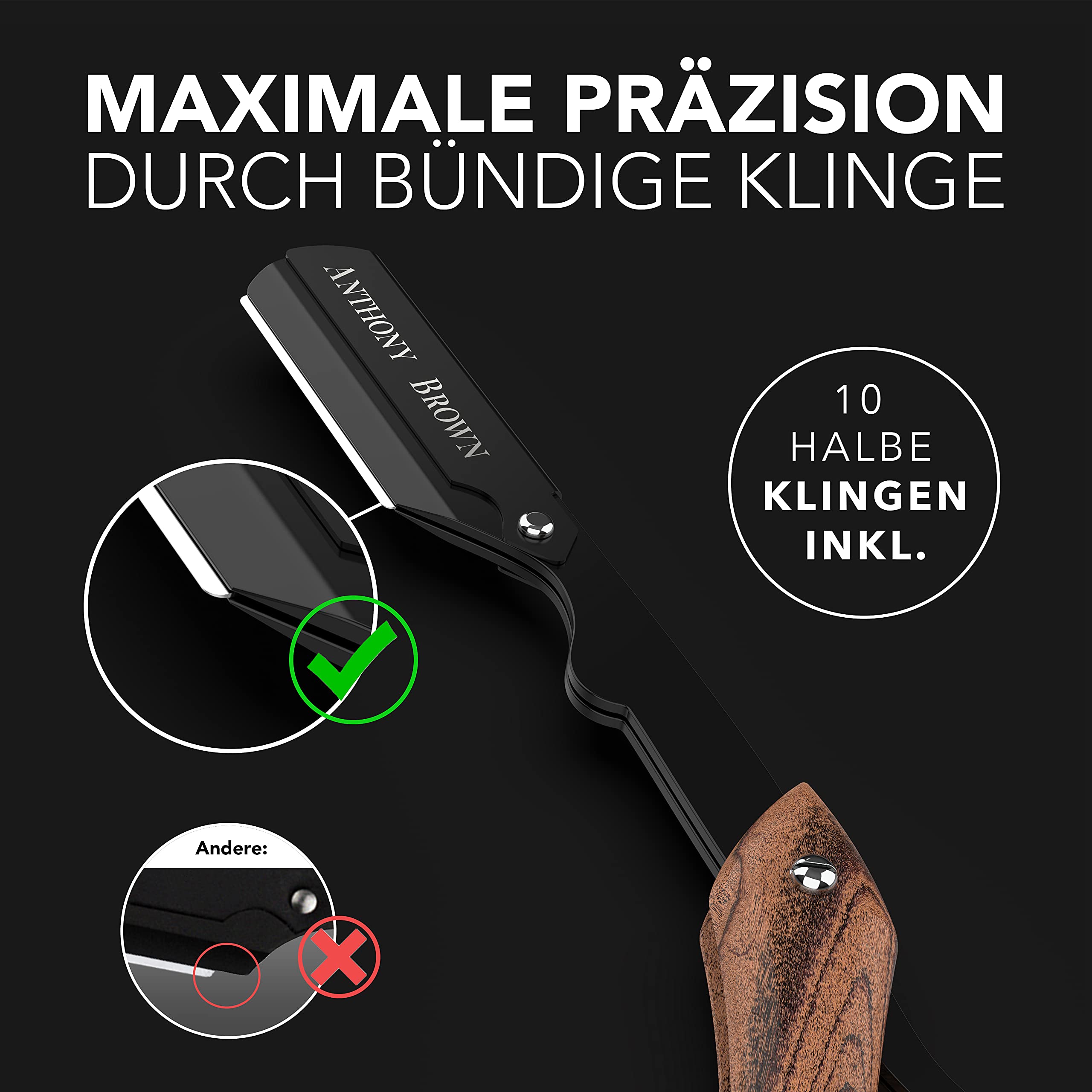 Anthony Brown® Rasiermesser Herren Holzgriff mit Wechselklinge und Etui, Shavette für präzise Nassrasur und Bartkonturen (Schwarz)
