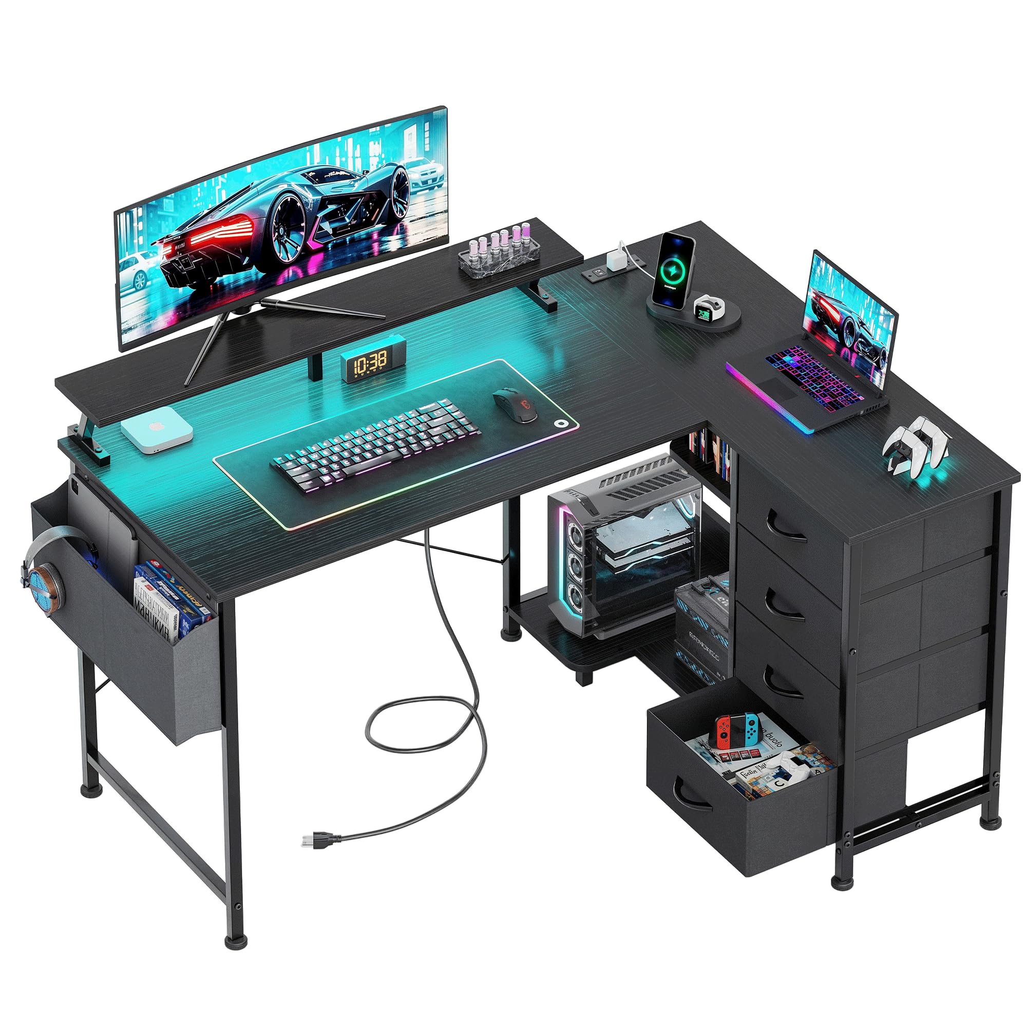 VERMESS Corner Desk with 4 Drawers, L Shaped Computer Desk with LED Lights & Power Outlets, 120x90cm Reversible Home Office Workstation with Monitor Stand, Writing Desk with PC Stand, Black