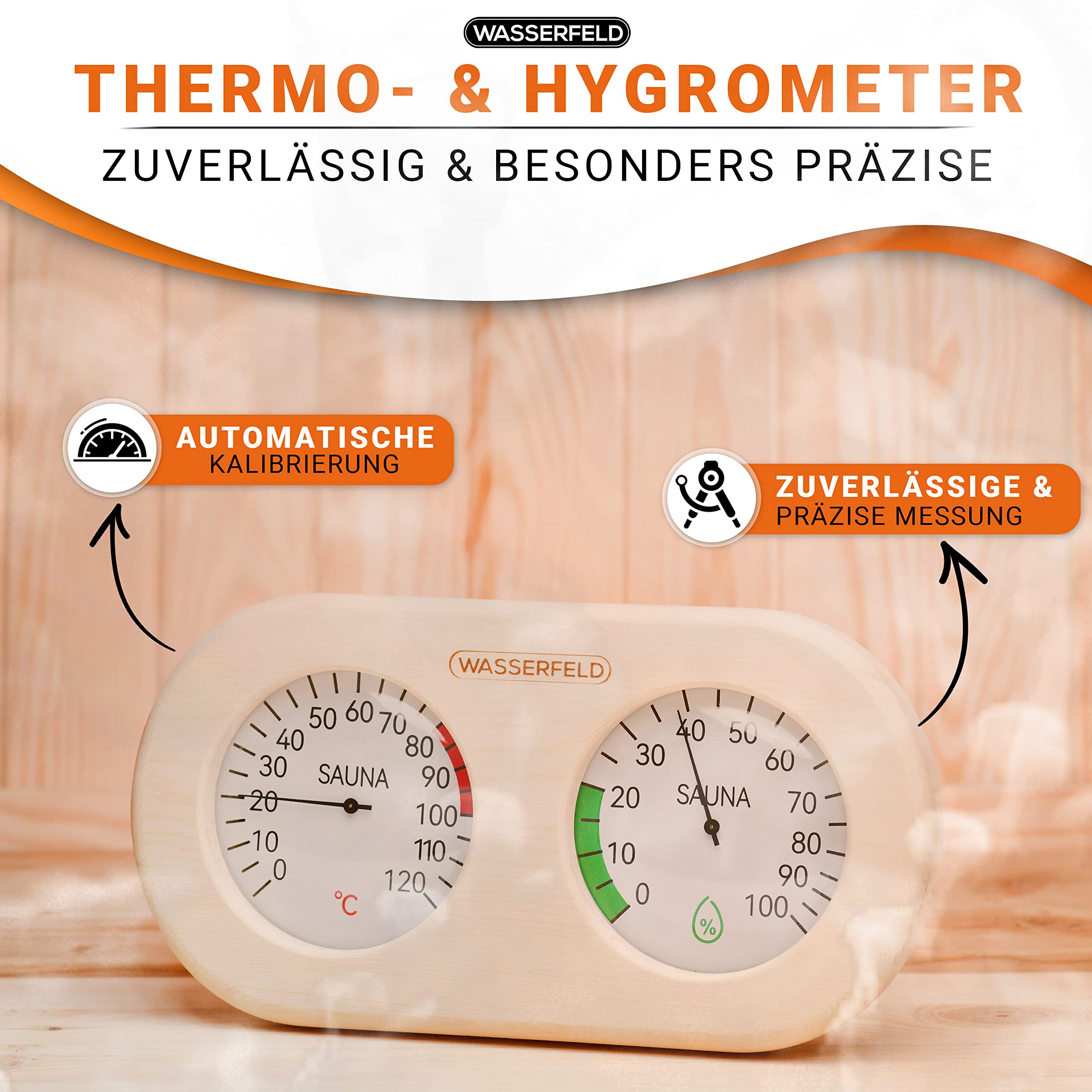 WASSERFELD® Thermomètre hygromètre de sauna [fonction 2 en 1] Thermomètre de sauna précis pour une mesure précise de la température et de l'humidité – Hygromètre avec verre trempé – Accessoires de