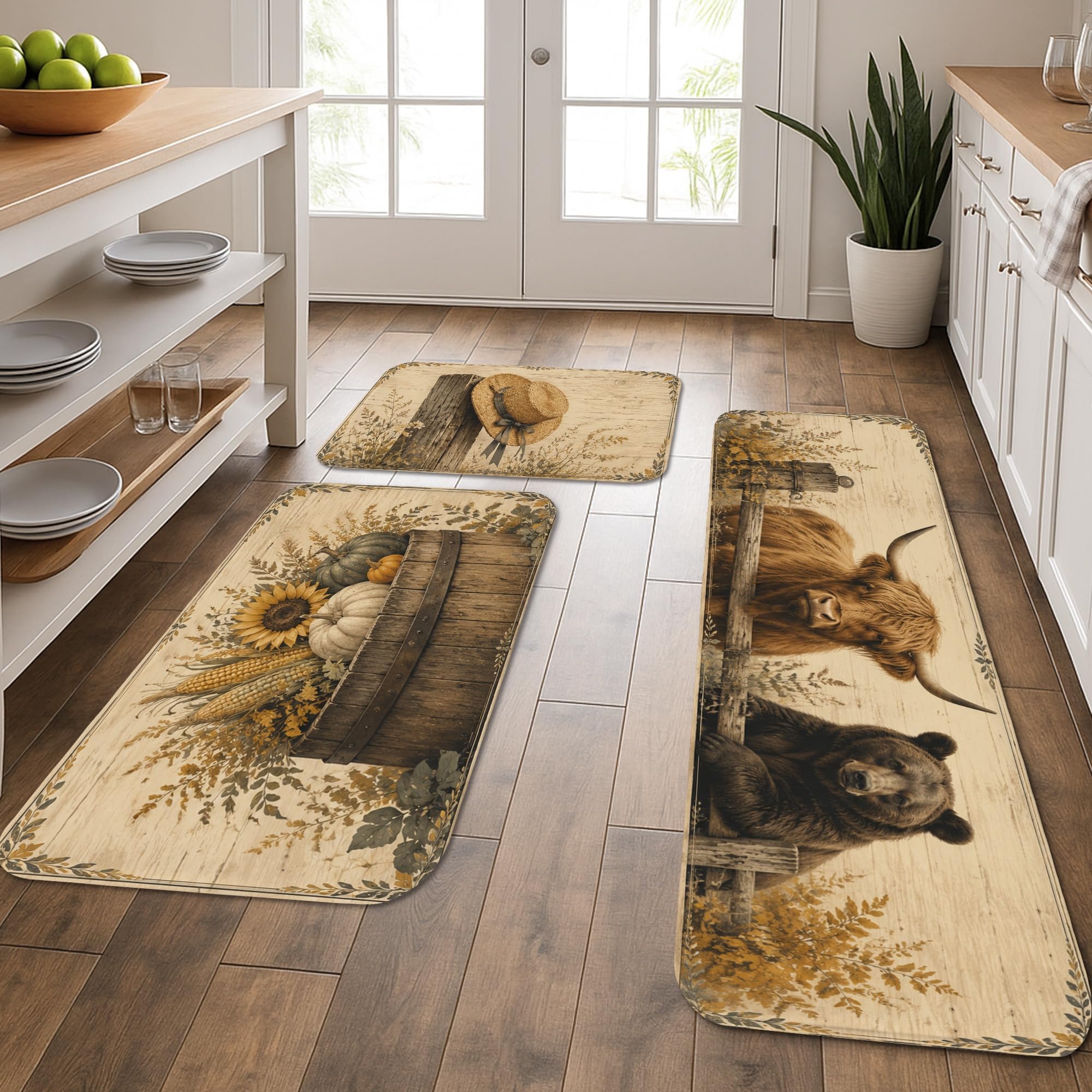 Tapis de cuisine lavable et doux au motif vache des Highlands lot de 3