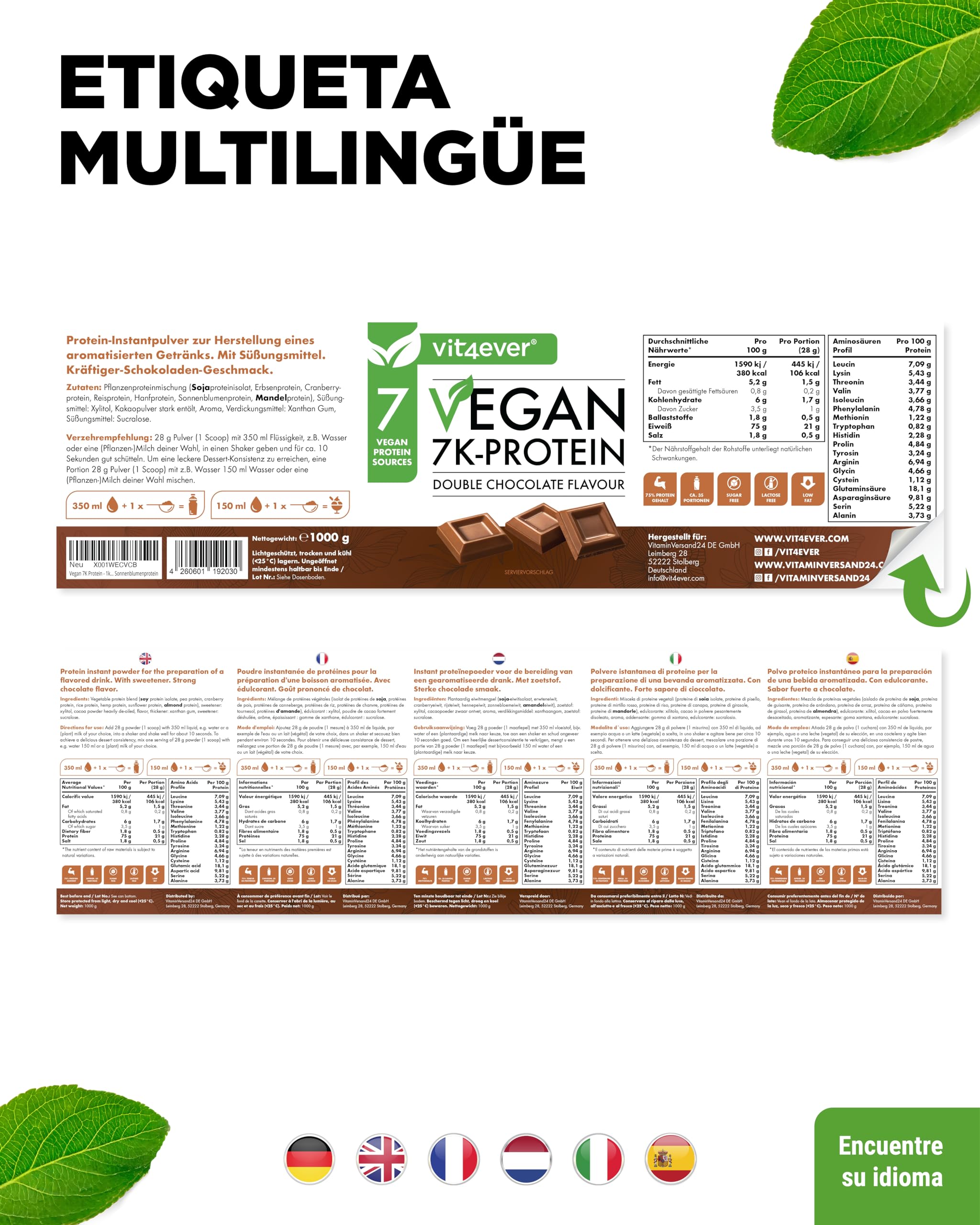Vegan 7K Protein 1kg Doble Chocolate Proteína vegetal pura en polvo