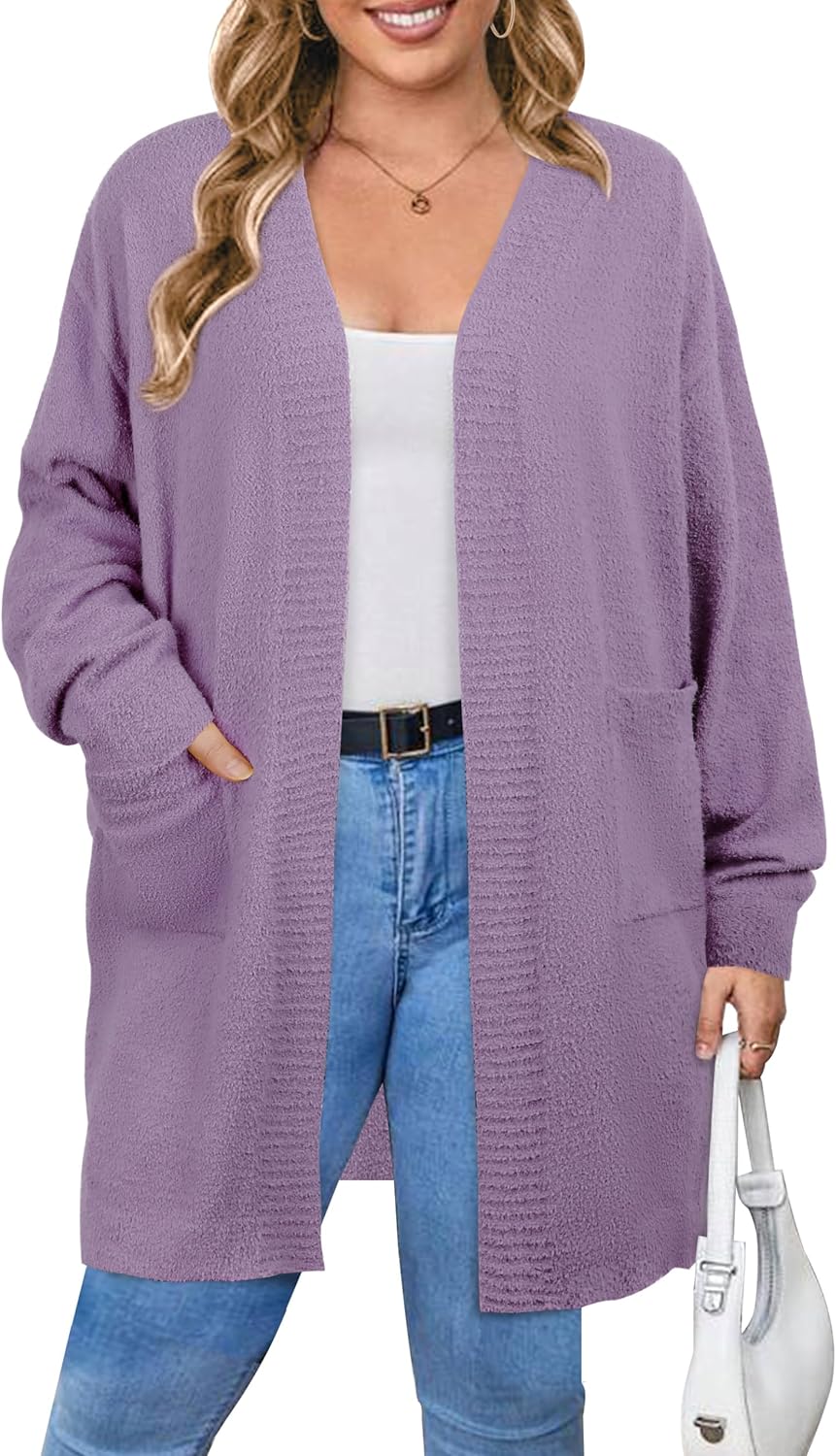 Plus Size Cardigan Sweaters for Women Open Front Fuzzy Popcorn Batwing Sleeve Side Split Sweater Cardigan Coat Outwear Taro 18 Plus