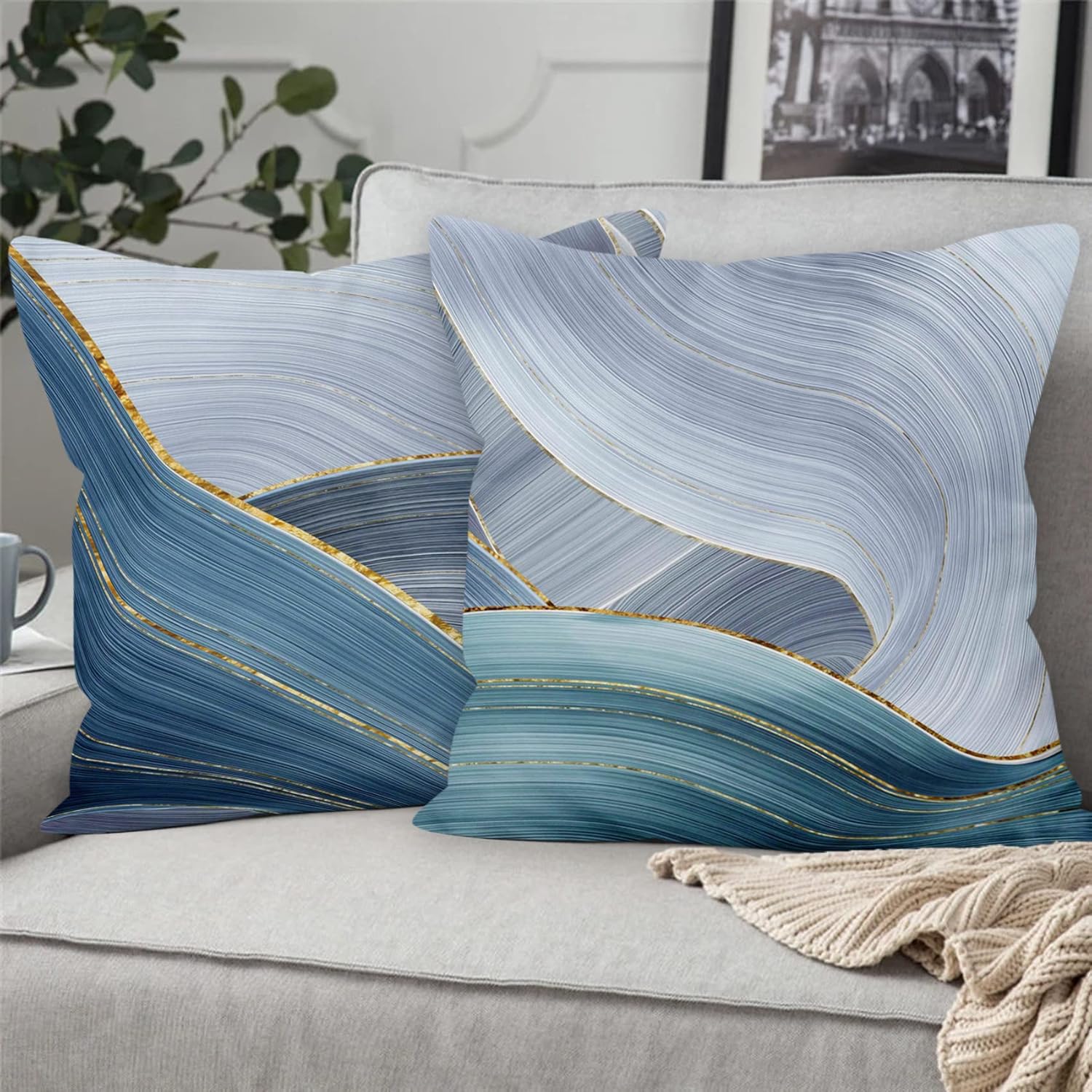 AWERT Decorative Pillows for Couch Set of 4,Gold and Navy Blue Marble Throw Pillow Covers 16x16 inch Abstract Pillowcases for Sofa and Living Room