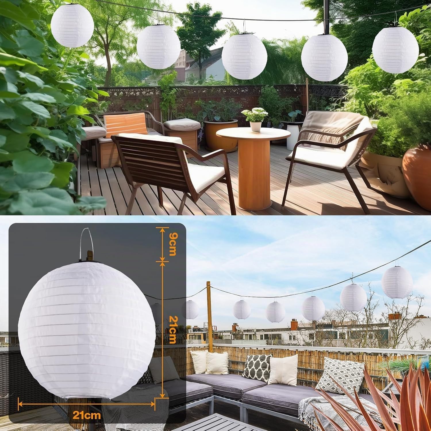 Farolillos solares de 4 unidades, 25 cm, para exteriores, resistentes al agua, luz blanca cálida, funcionan con energía solar, para terraza, jardín, patio, etc (8 pulgadas)