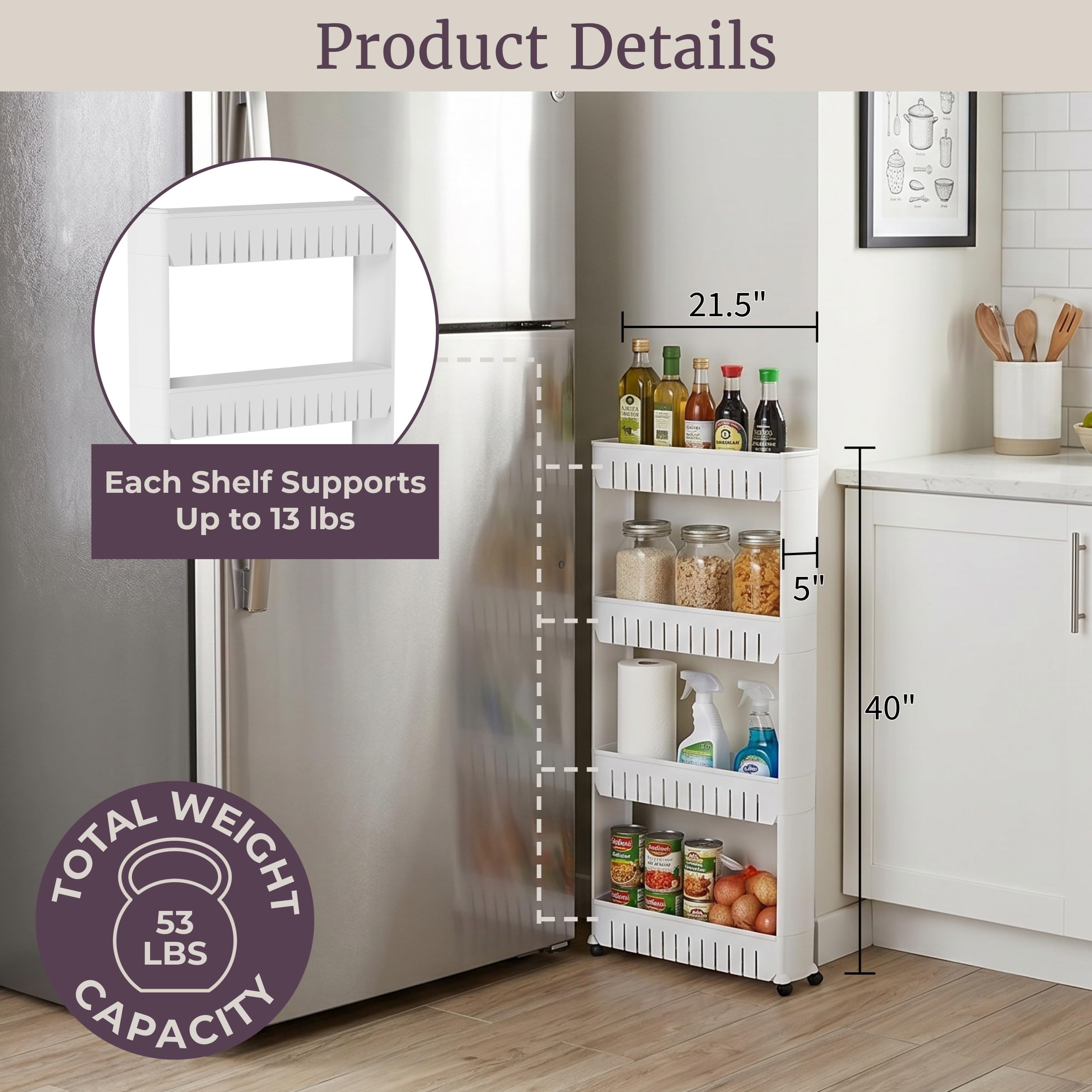 Everyday Home - Organizador de Almacenamiento de 4 Niveles, Estanterias Almacenaje, Carrito de Plástico con Ruedas para Oficina, Dormitorio, Baño y Lavandería (Blanco)