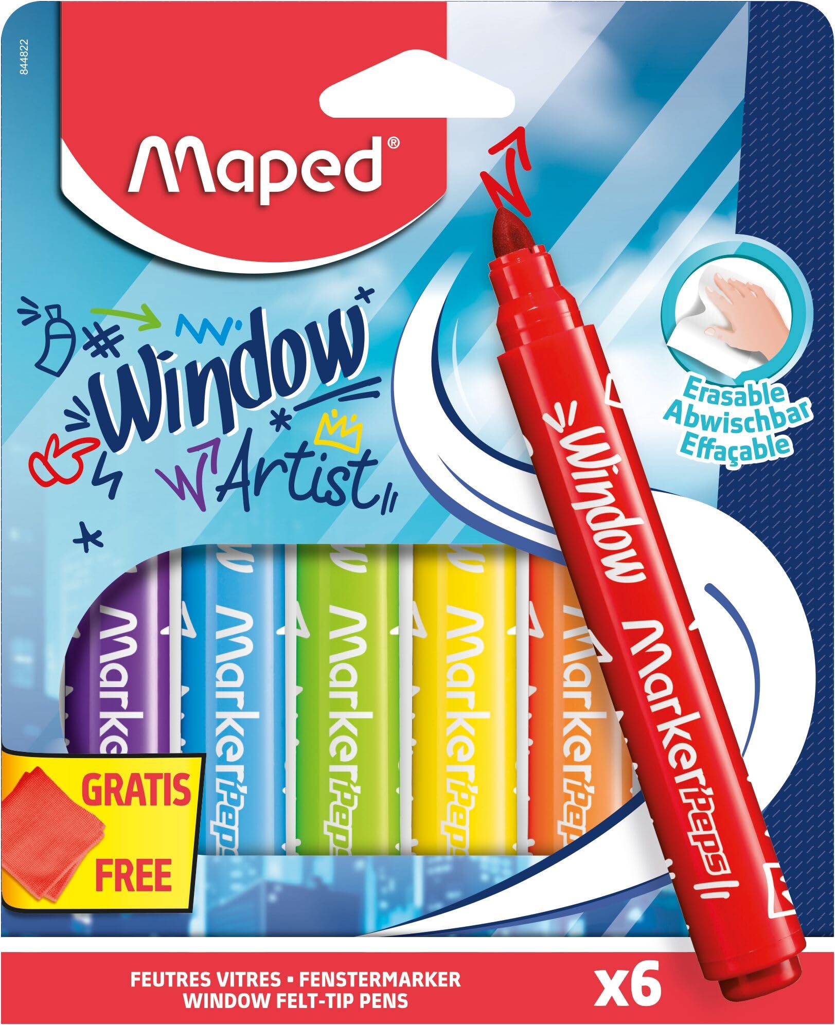 Maped - Fenstermarker MARKER'PEPS WINDOW - rot, gelb, grün, blau, orange, lila - inkl. Mikrofasertuch